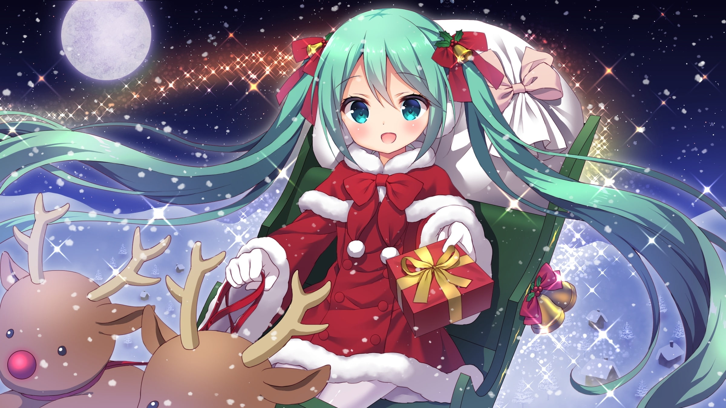 hatsune miku, santa costume, gifts, twintails, cute, vocaloid