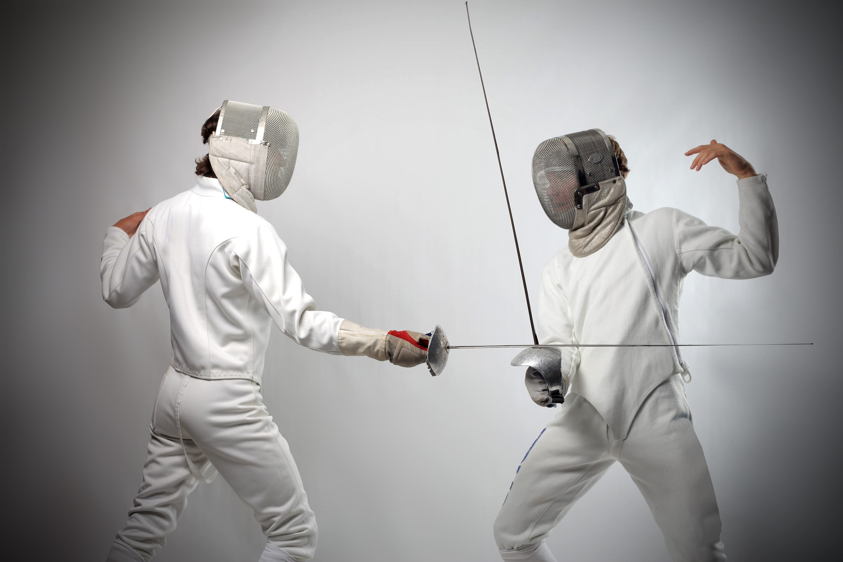 two men fencing suits, sports, white background, people, adult