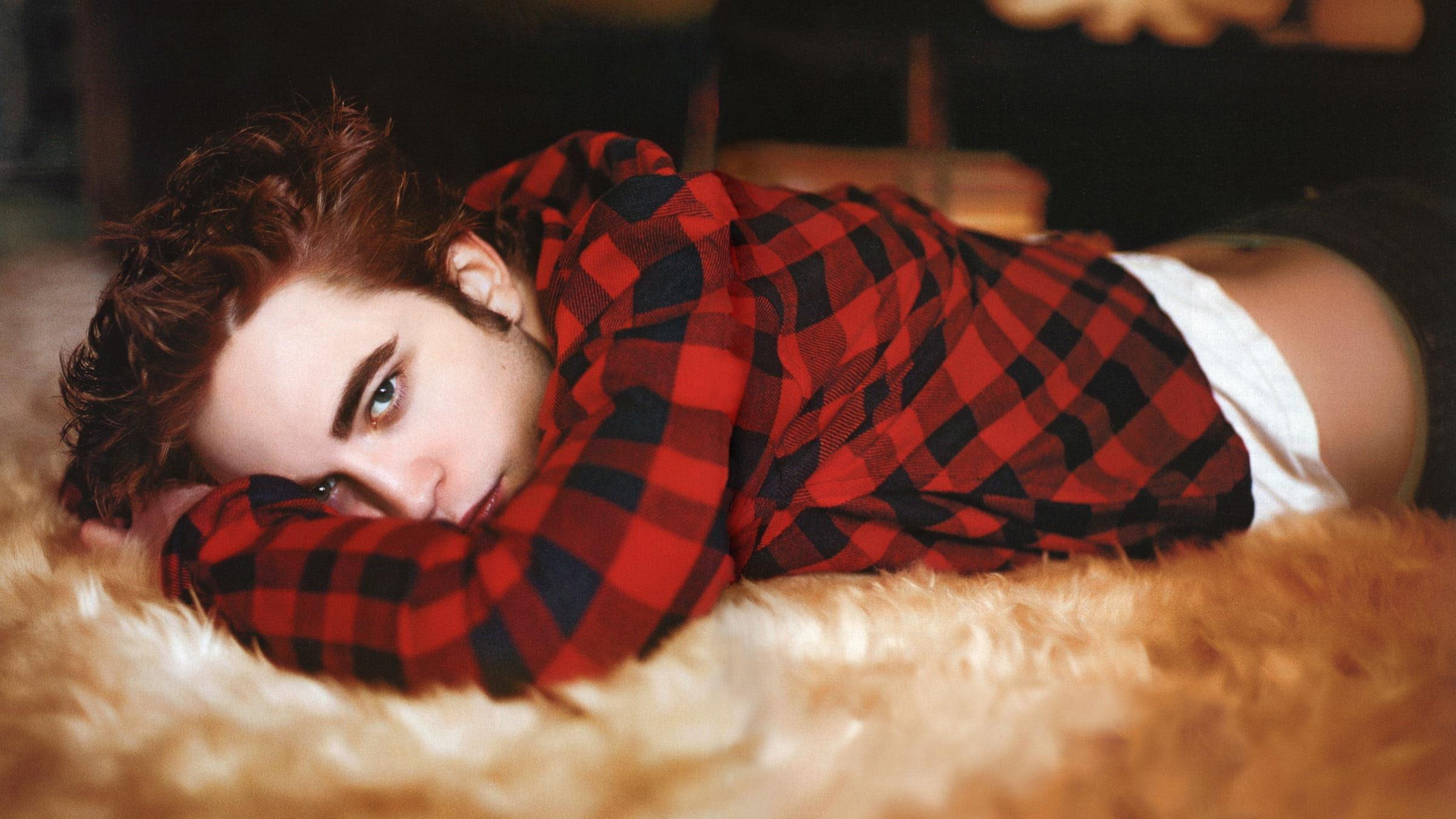 Robert Pattinson Laying Down, red and black plaid print shirt
