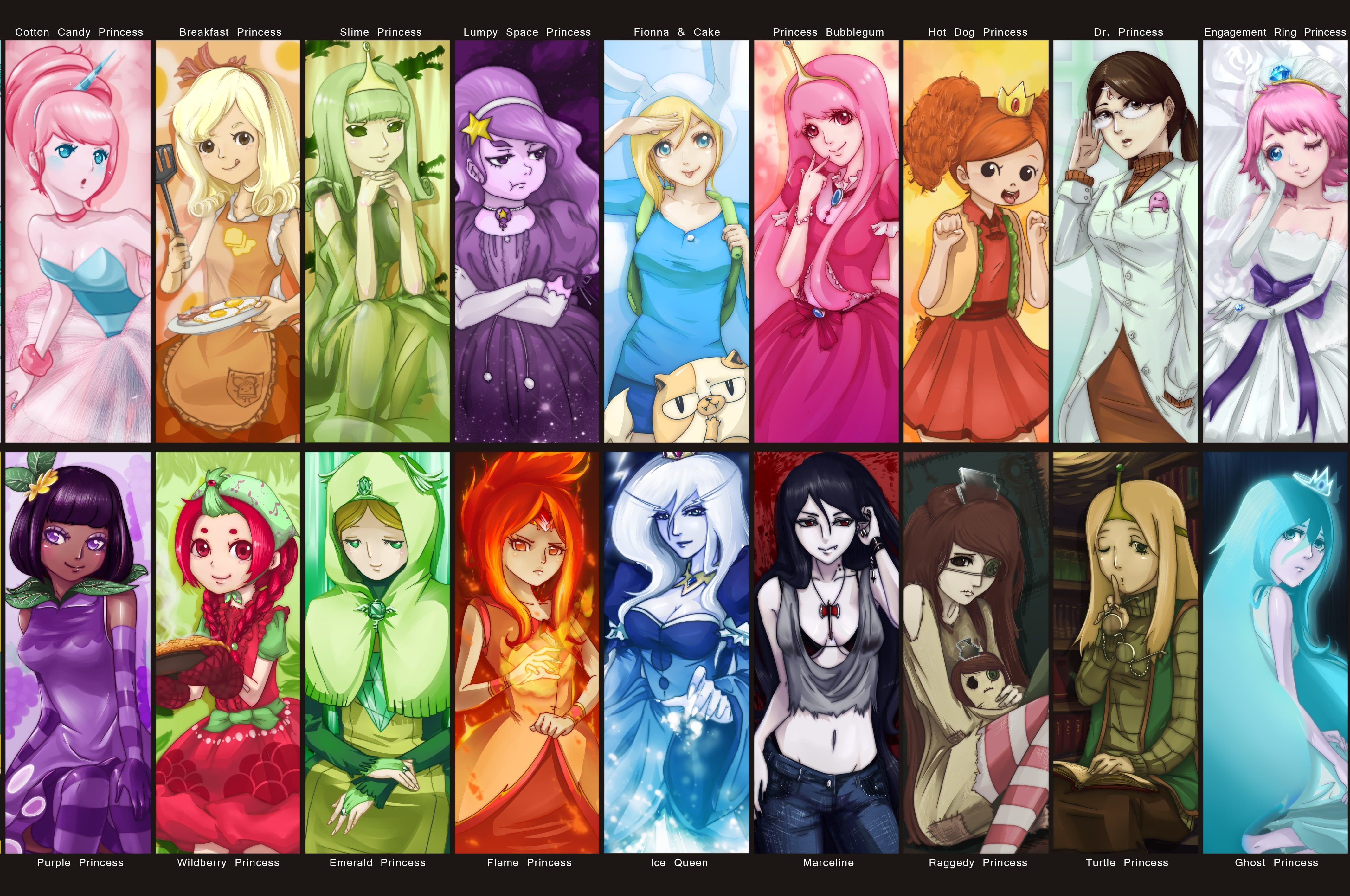 Adventure Time characters collage, princess, soft shading, multi colored