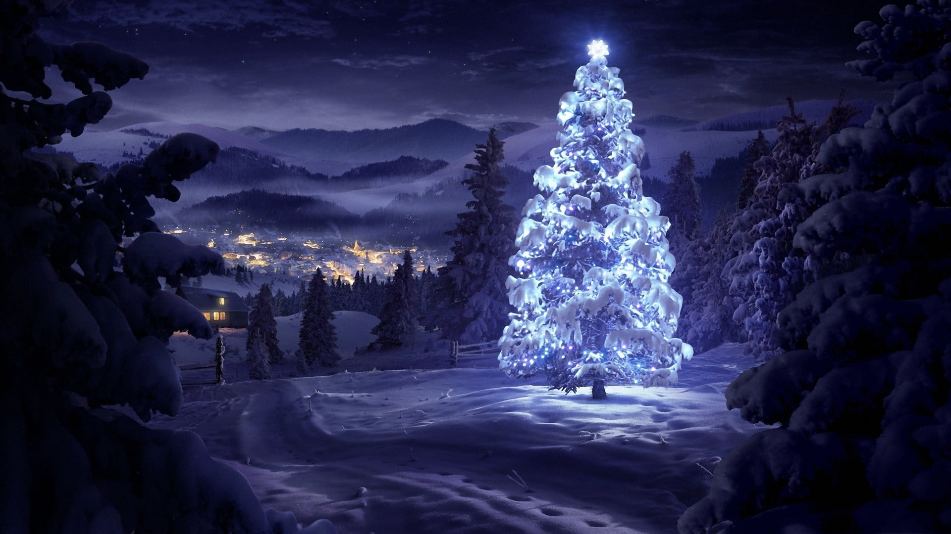 white lighted tree illustration, snow covered area with christmas tree