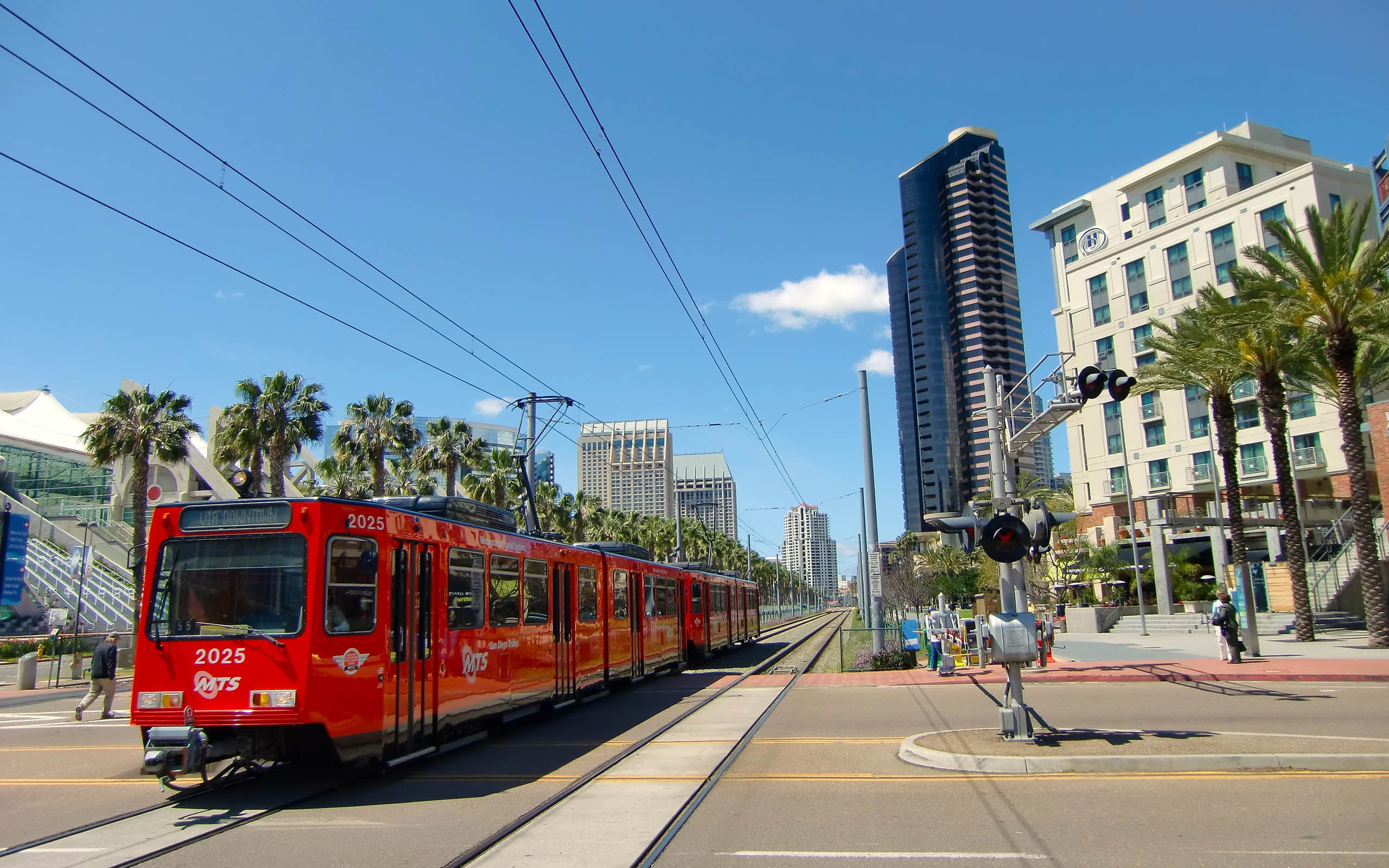 red tram, trolley, urban landscape, san diego, california, usa