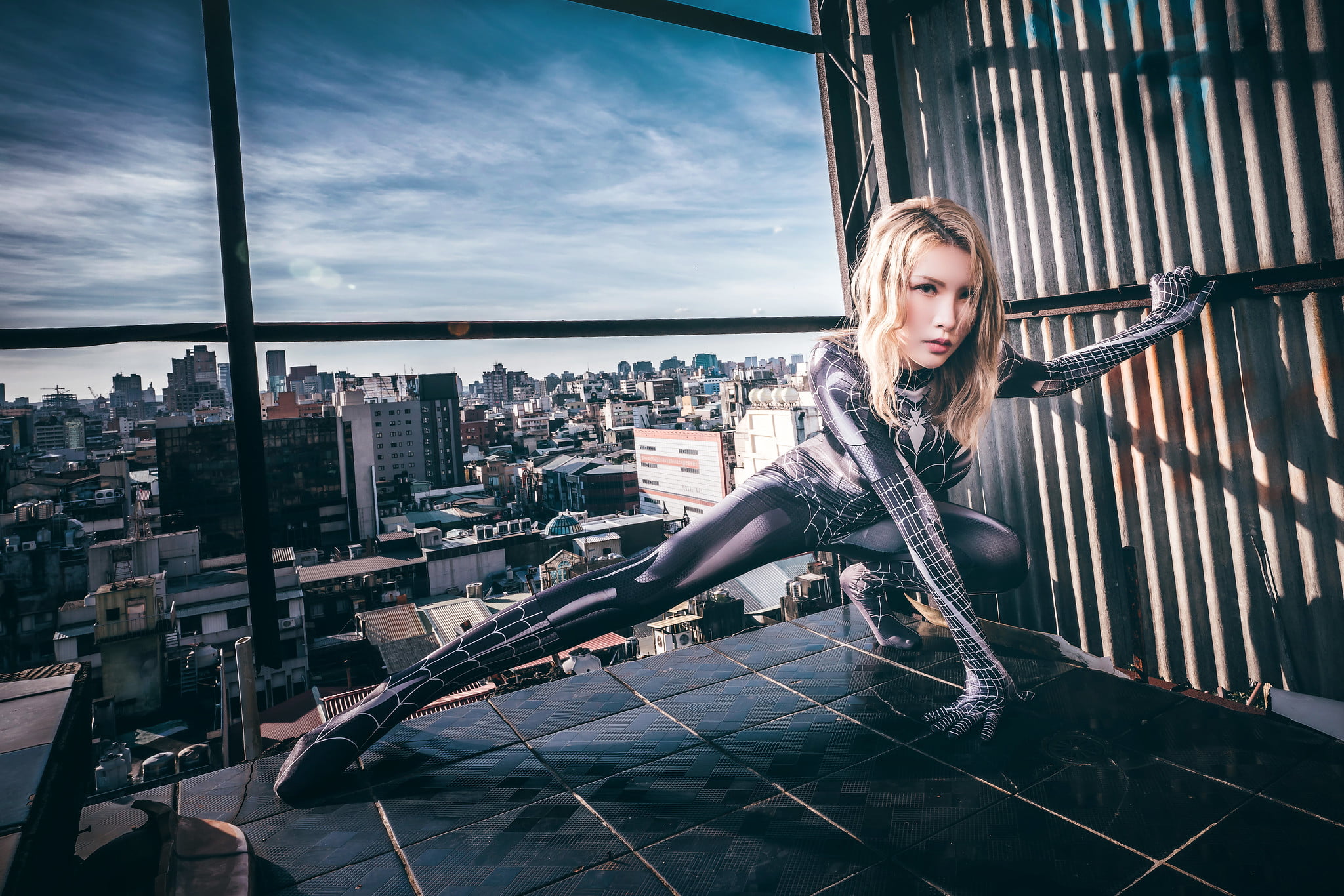 Asian, women, model, cosplay, blonde, dyed hair, Spider Woman