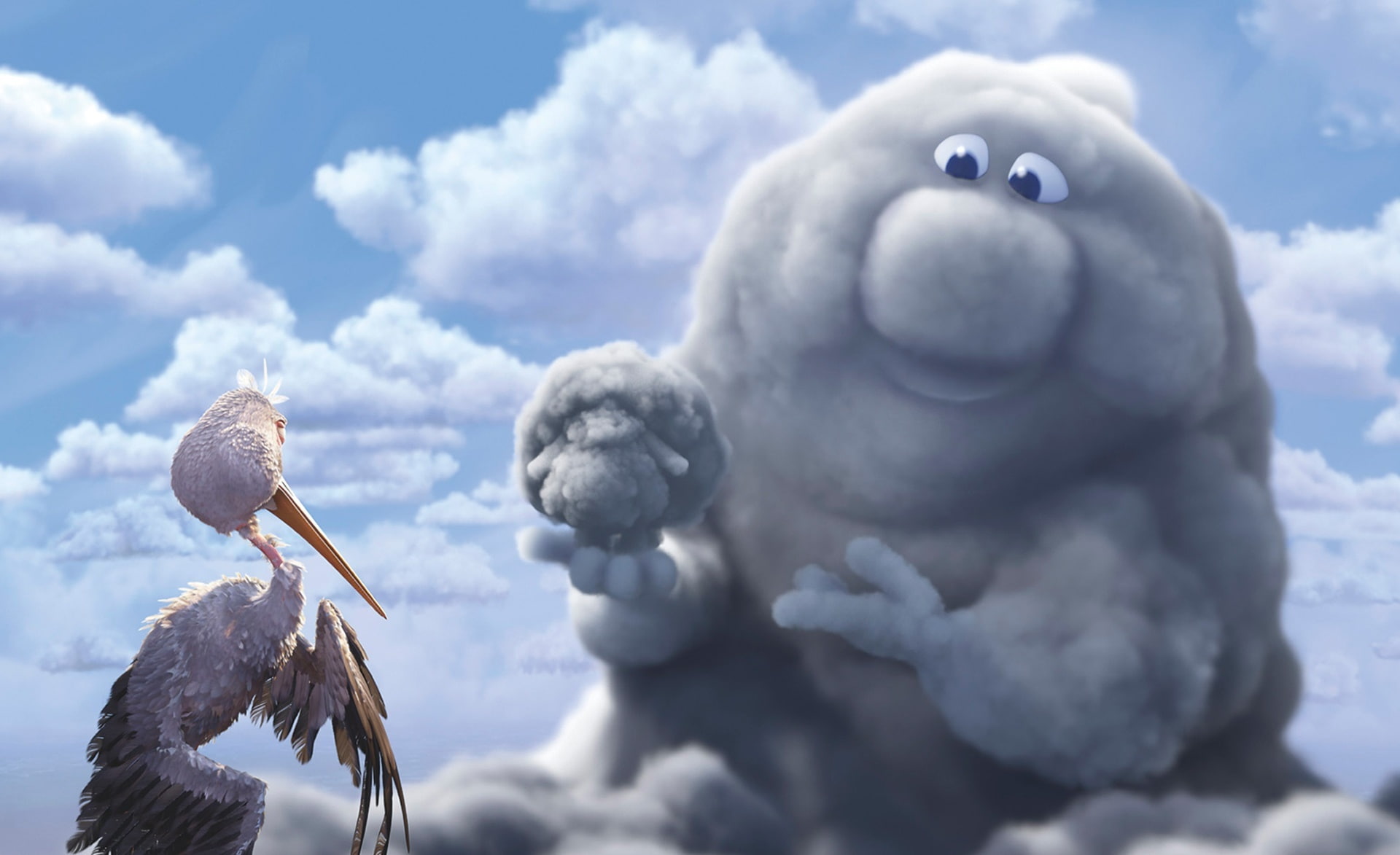 Partly Cloudy, white crane bird and cloud cartoon character, Cartoons