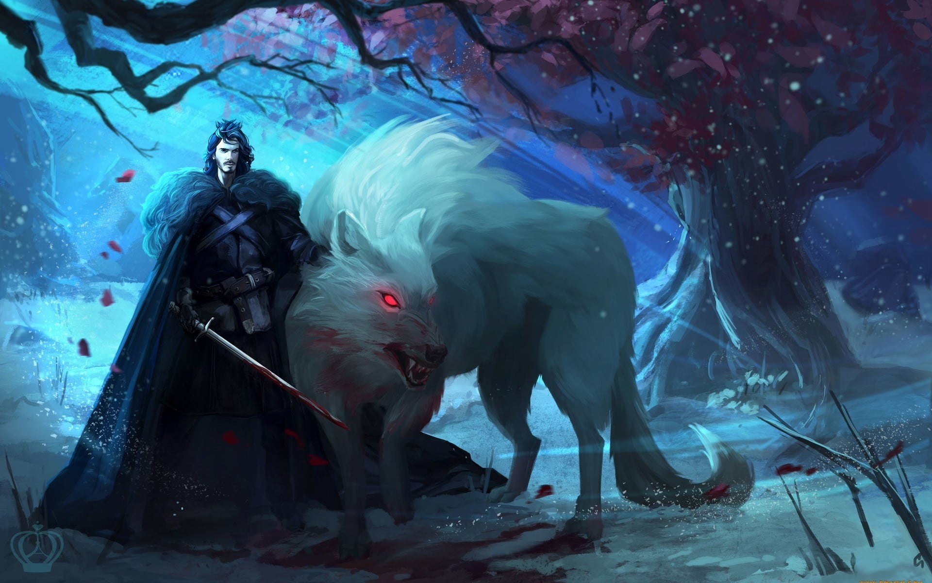 man standing beside white fox illustration, Game of Thrones, Jon Snow