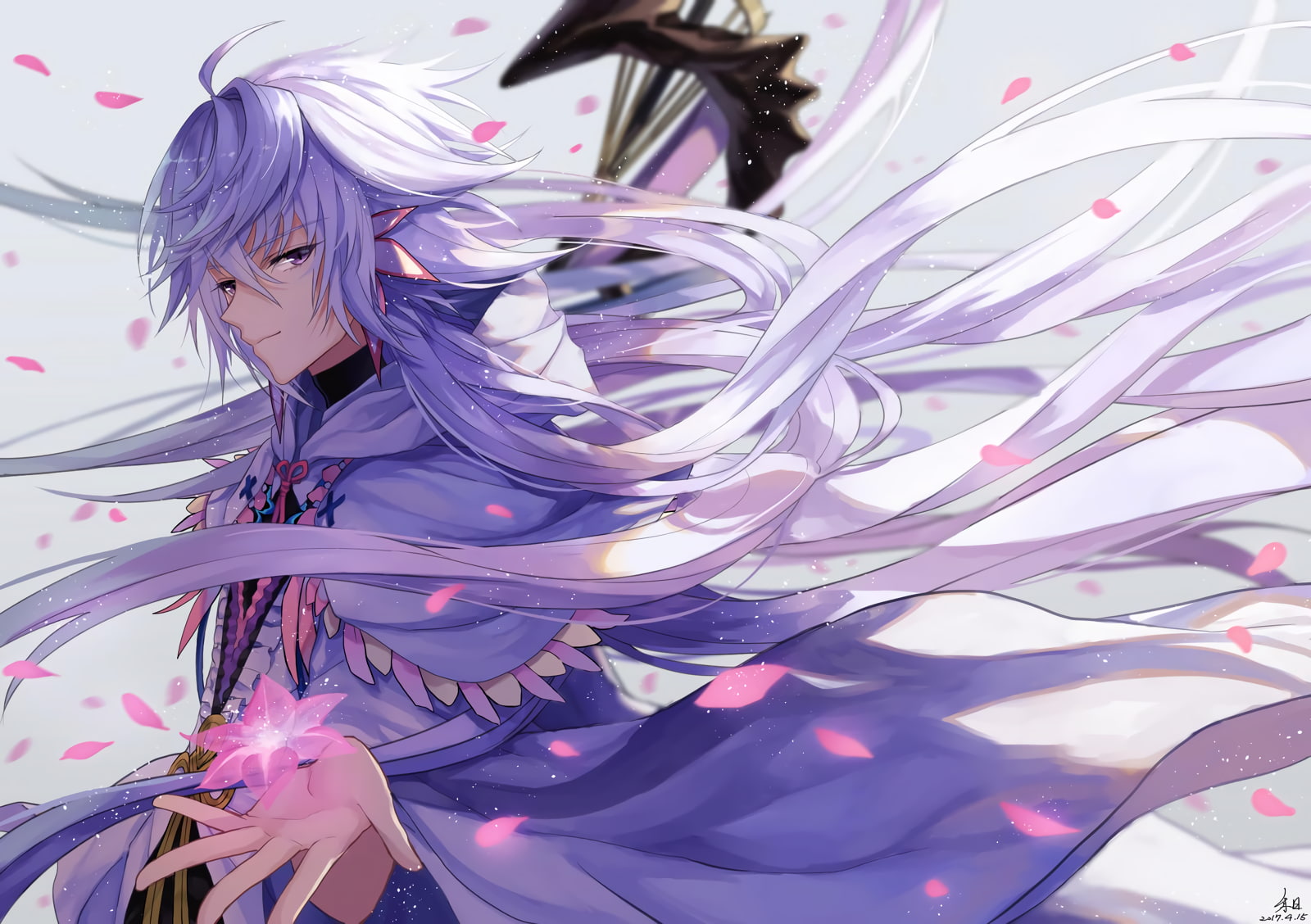 Fate/Grand Order, Merlin(Fate/Grand Order), silver hair, petals