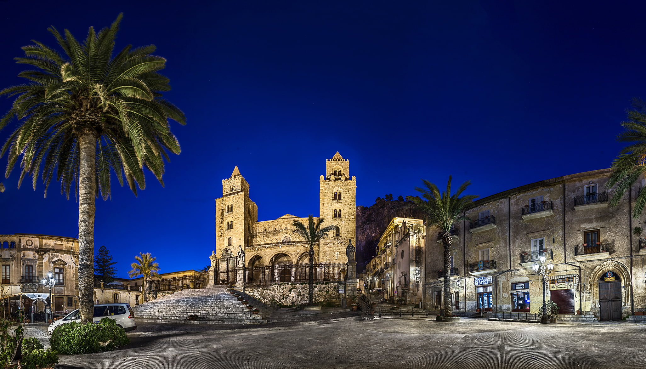 night, lights, palm trees, Italy, architecture, Sicily, Cefalu