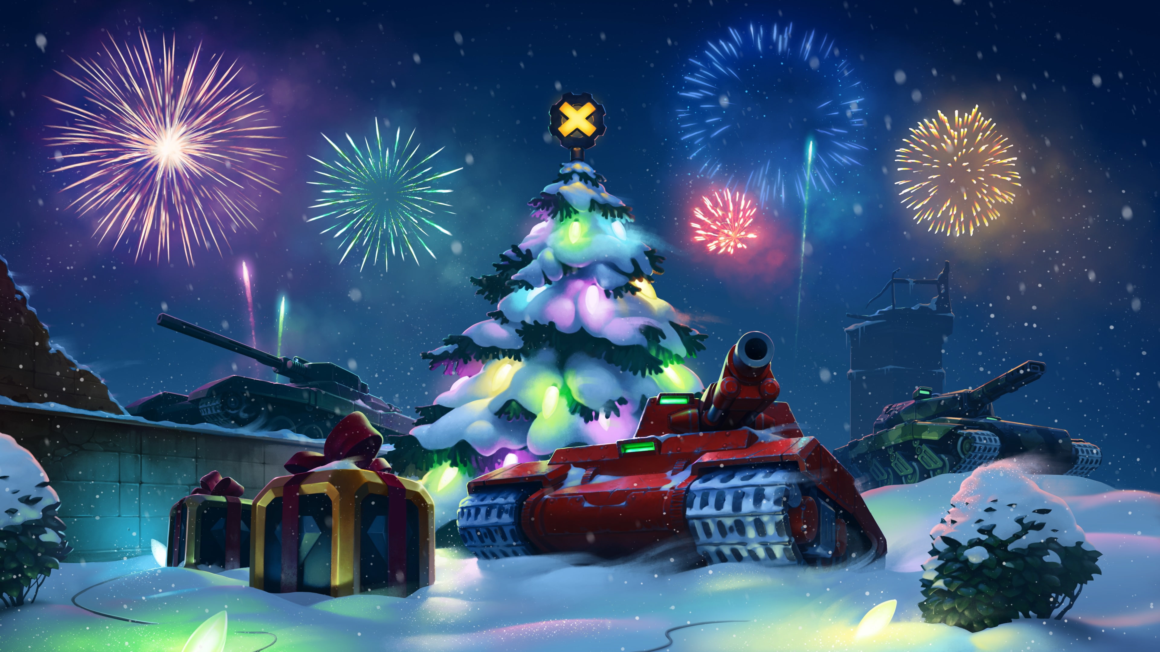 snow, red, mood, tree, new year, salute, gifts, game, garland