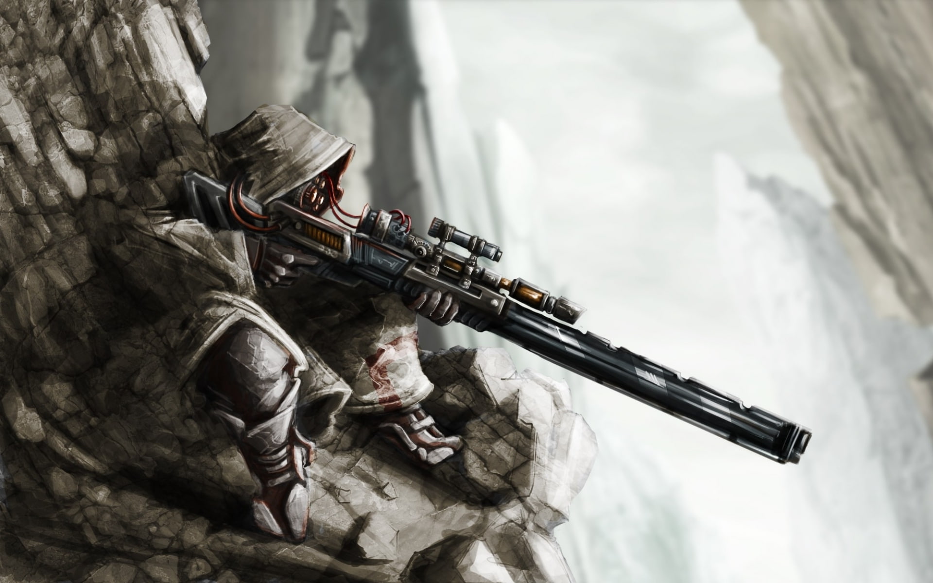soldier holding sniper rifle illustration, anime, battle, dark