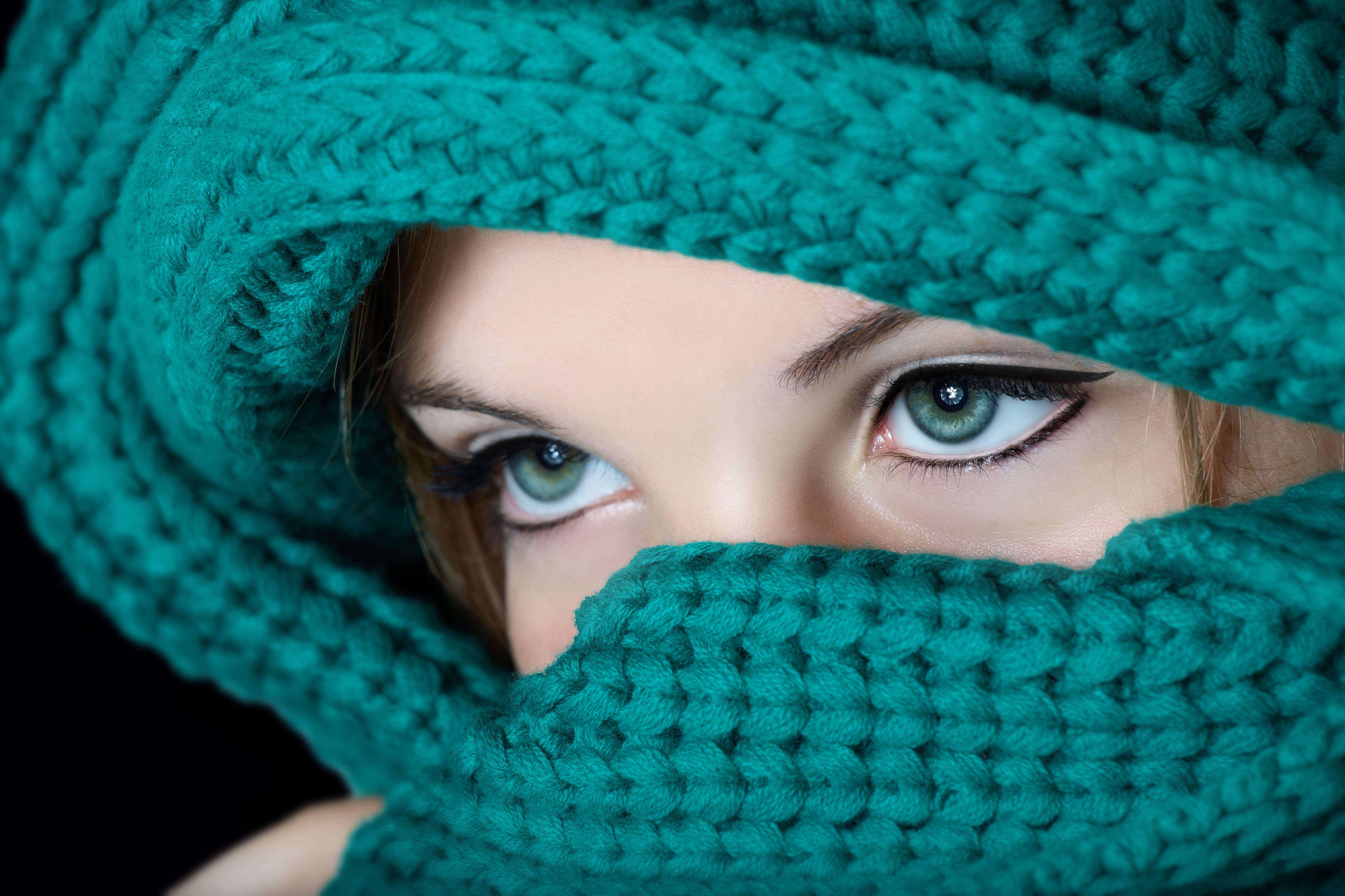 women, model, face, blue eyes, scarf, green eyes, young adult