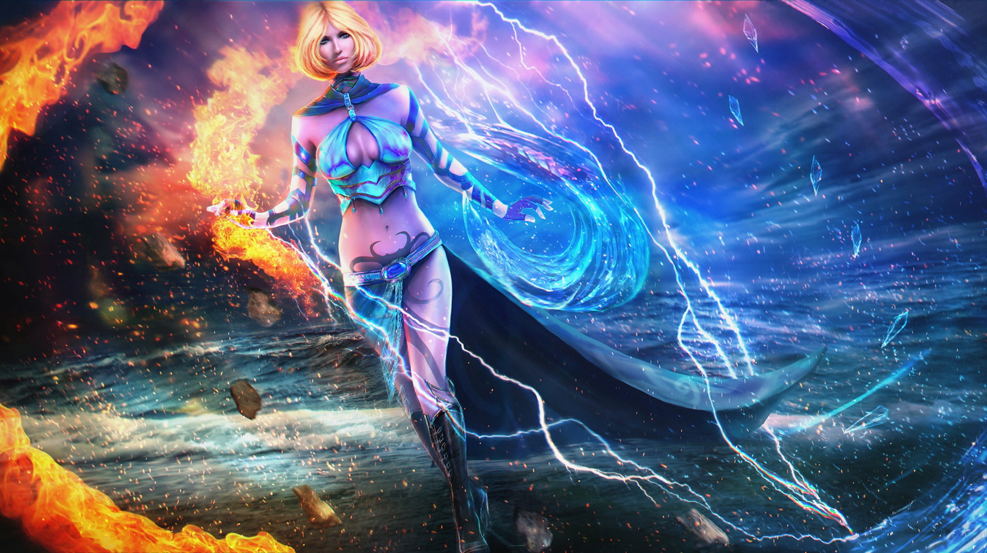 water, girl, storm, fire, magic, art, Guild Wars 2, elementalist