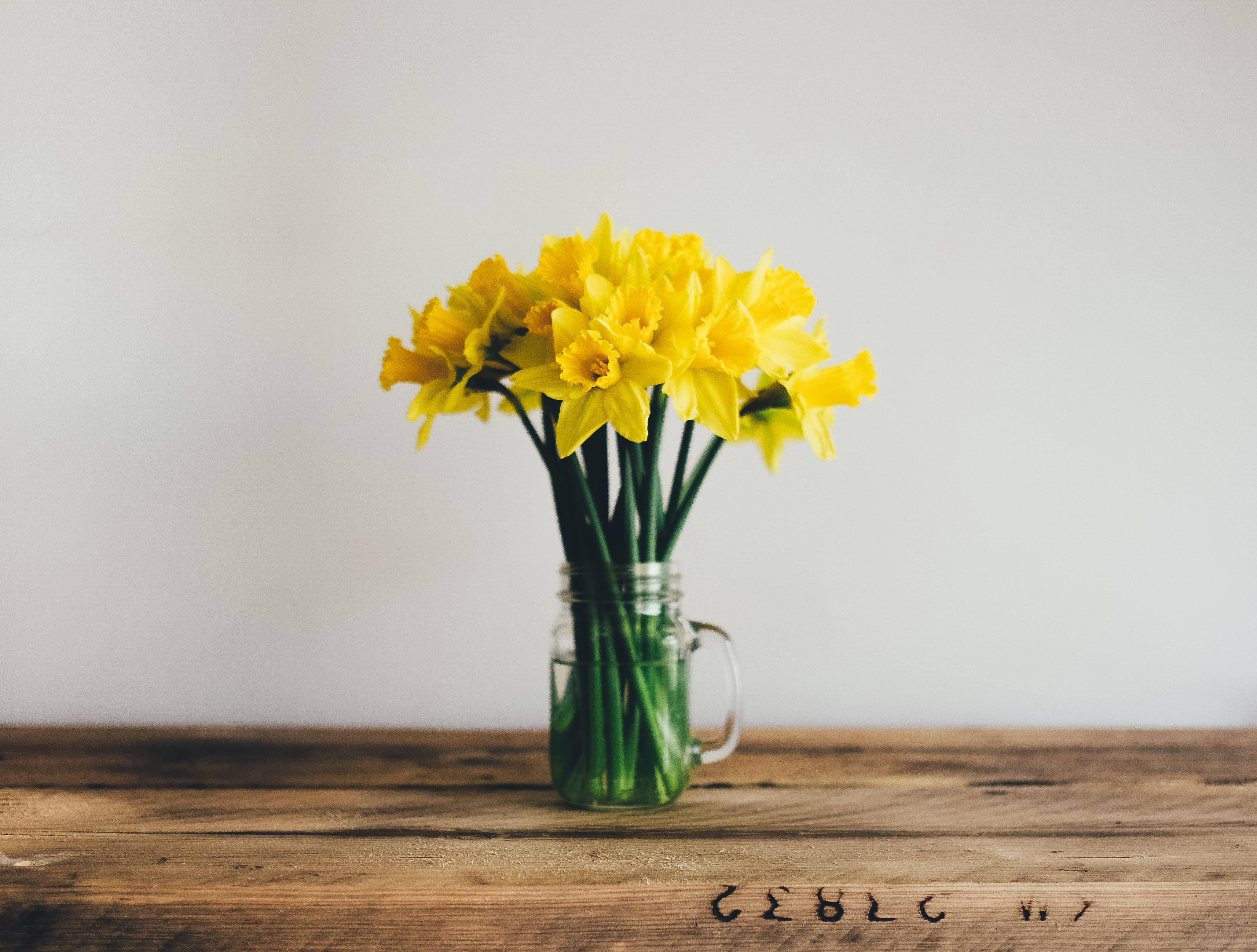 yellow daffodil flowers in clear glass mason jar on brown wooden surface