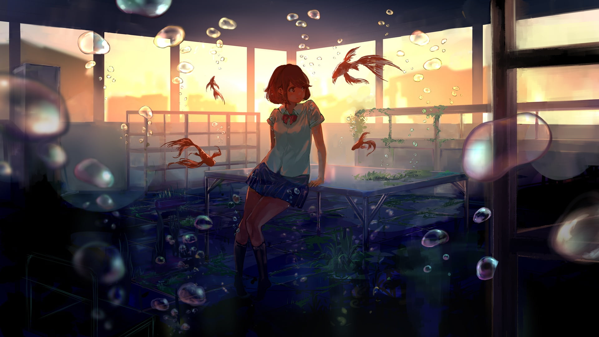 girl, fish, sunset, smile, bubbles, anime, art, form, class