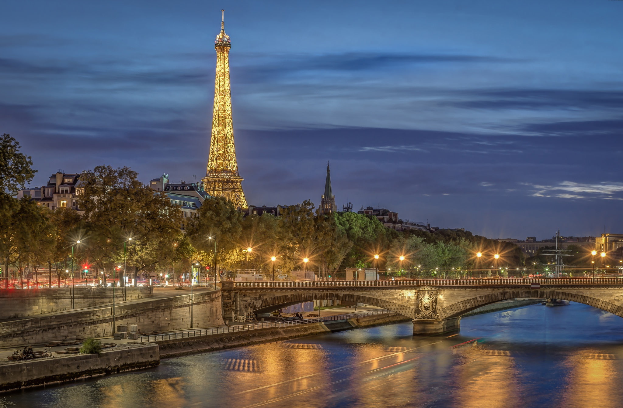bridge, river, France, Paris, night city, promenade, Eiffel Tower