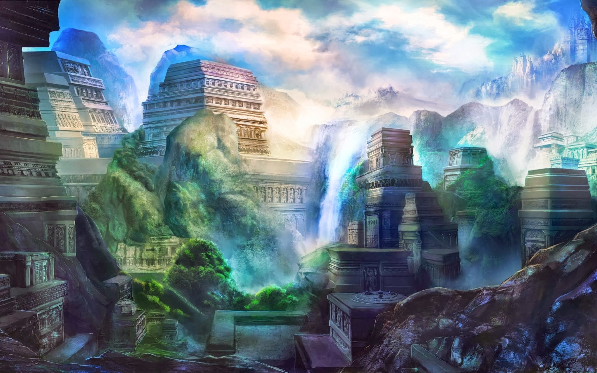 buildings near mountain illustration, fantasy art, fantasy city