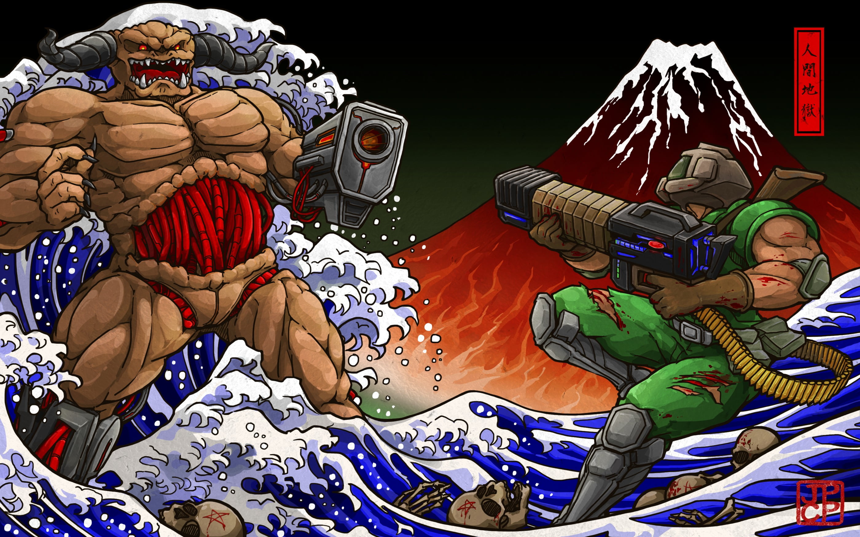 cartoon illustration, Doom (game), shotgun, The Great Wave off Kanagawa
