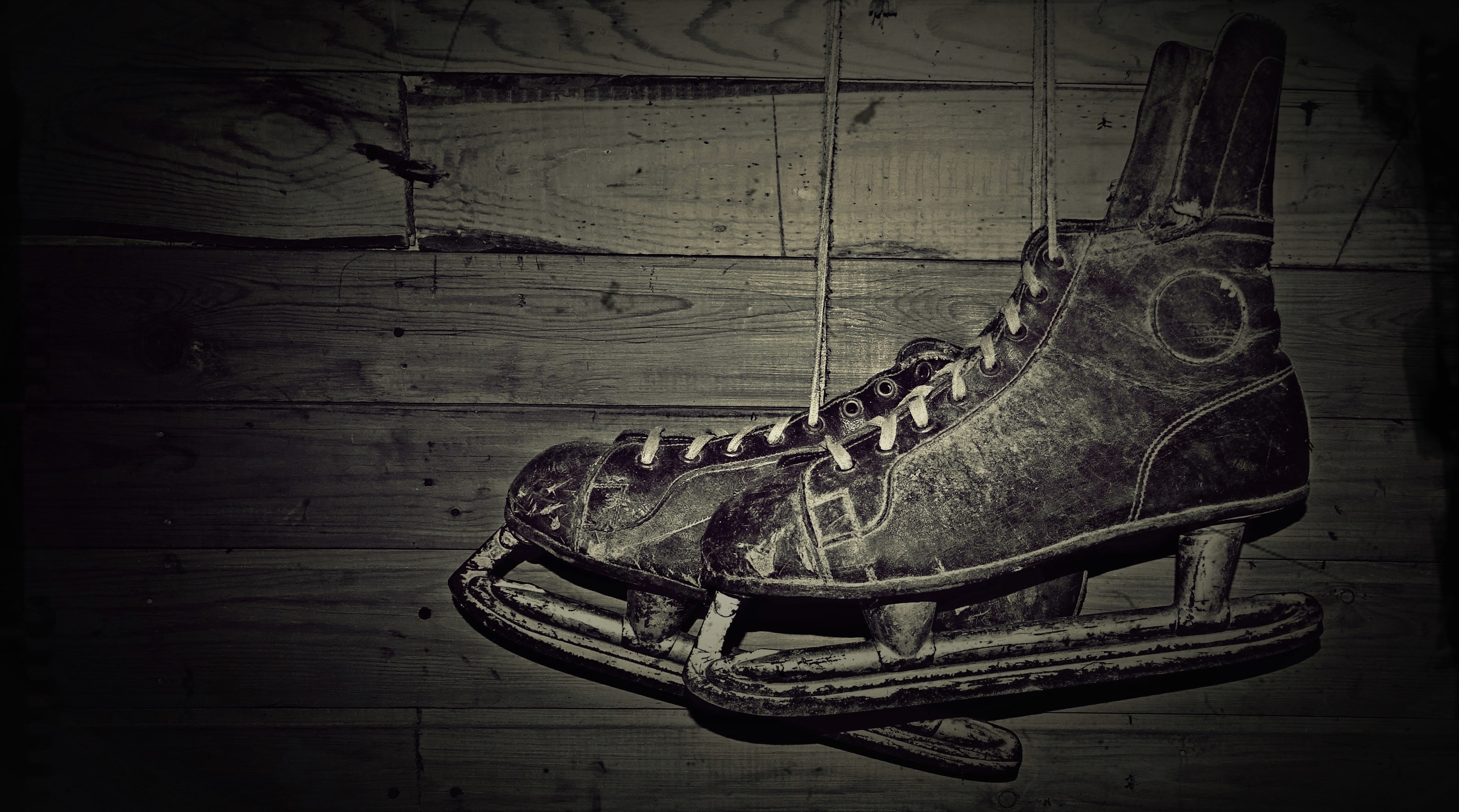 old, old photos, ice skate, indoors, shoe, vignette, still life