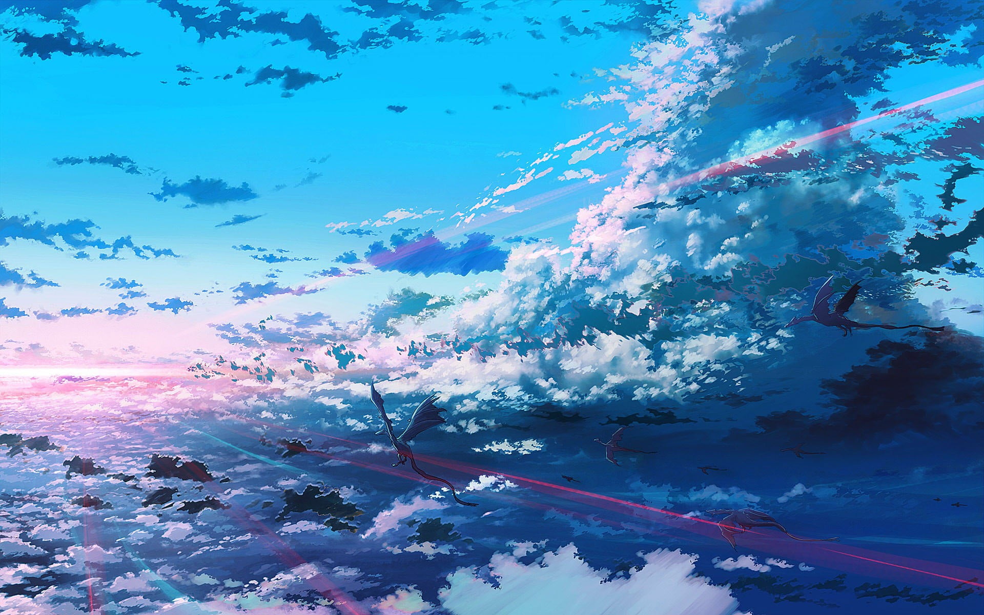 two dragons flying digital wallpaper, fantasy art, sky, anime
