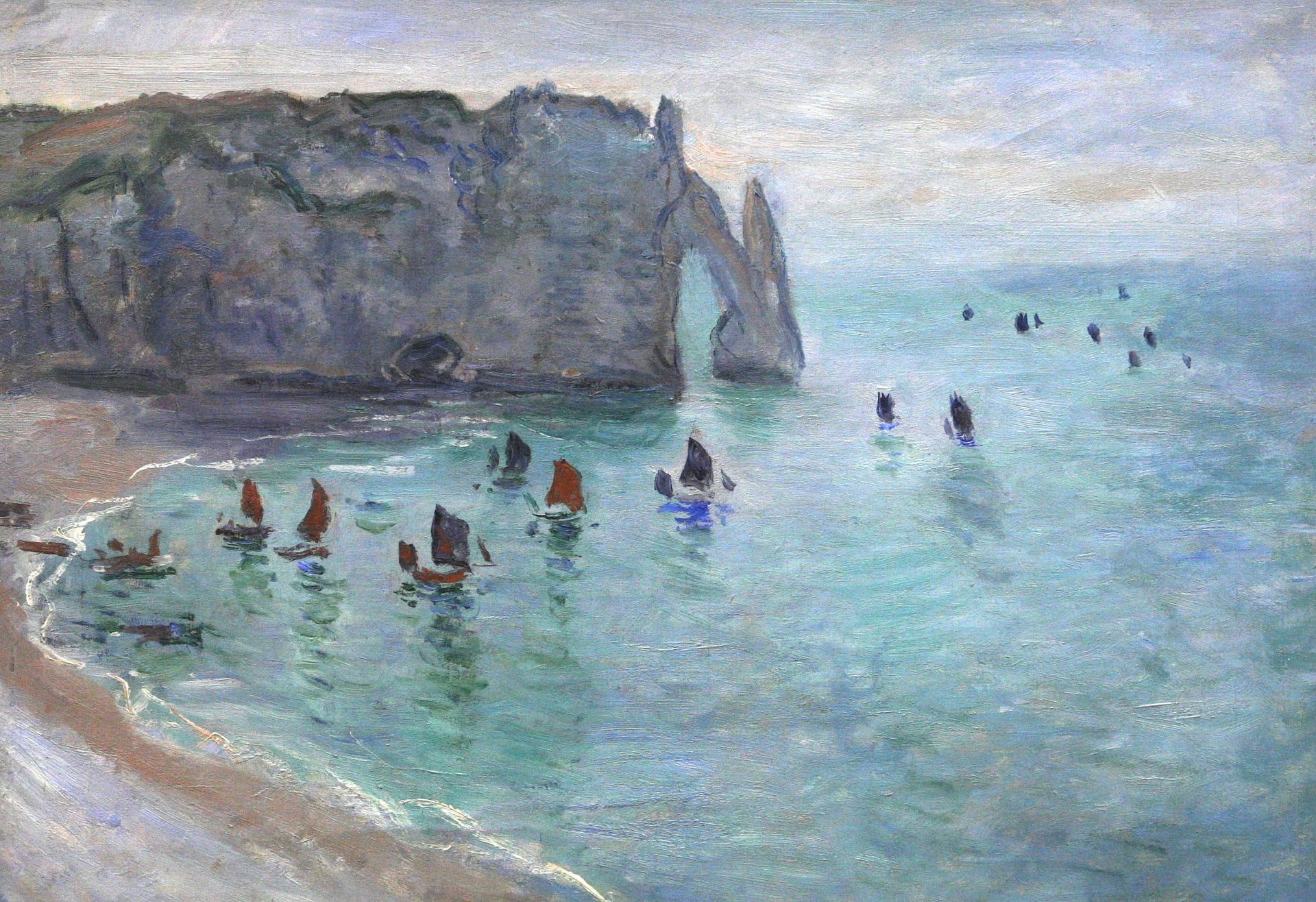 sea, rock, picture, boats, arch, sail, seascape, Claude Monet