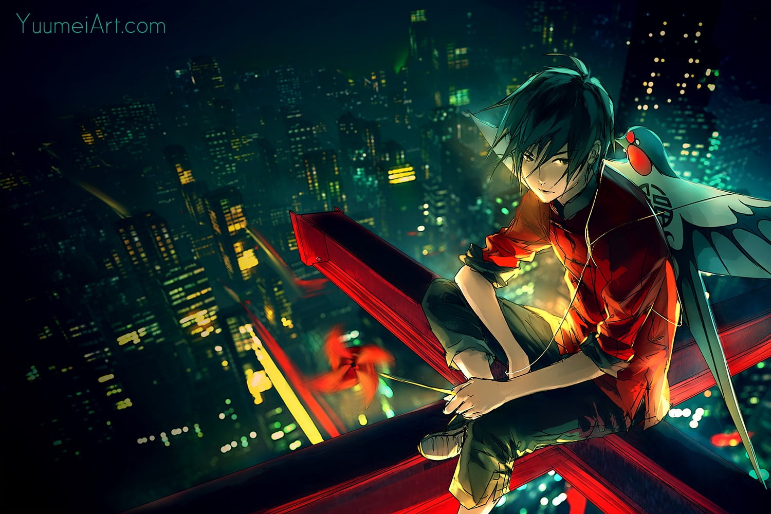 men's red dress shirt anime photo, anime boys, city, artwork