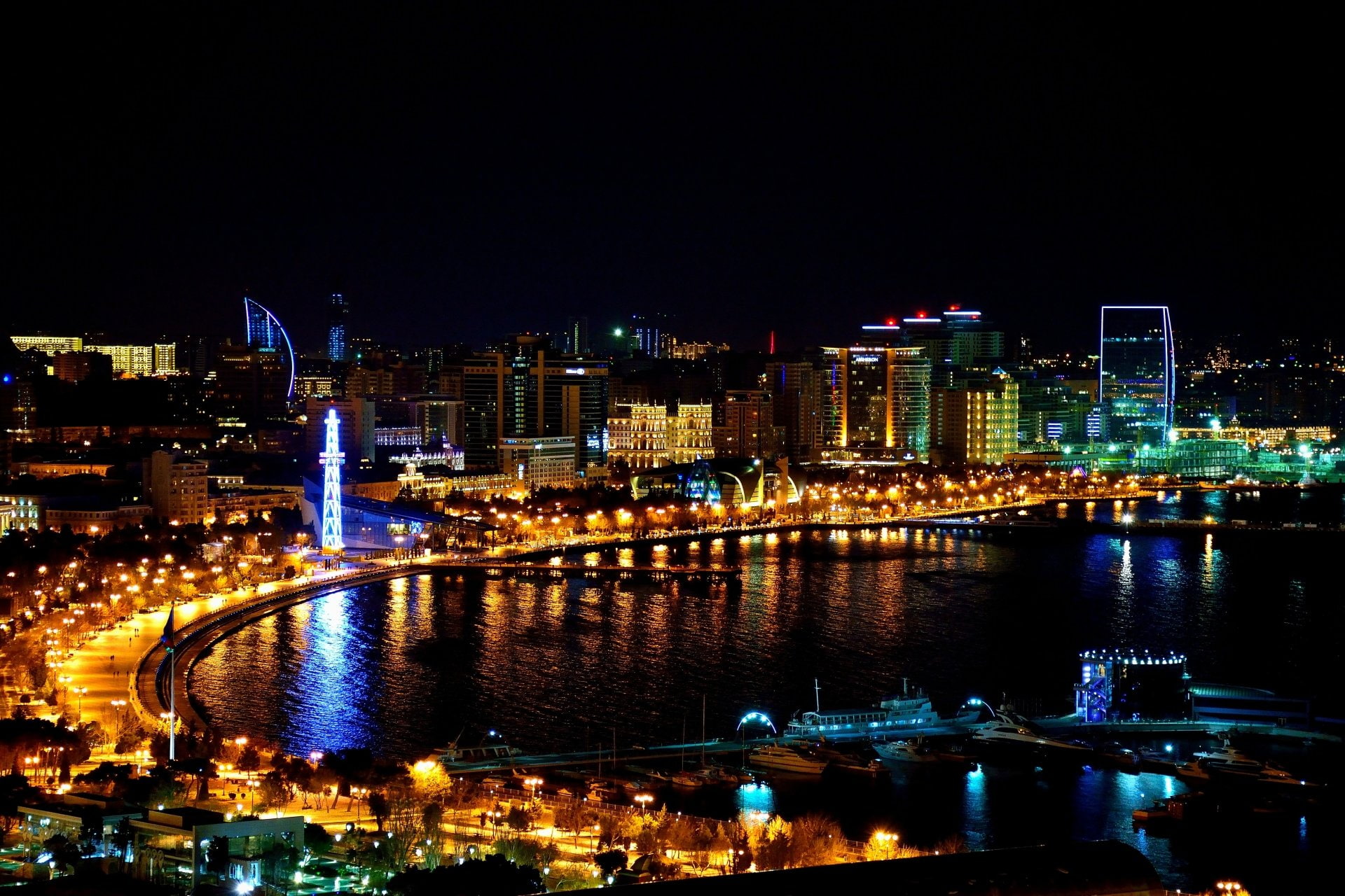 Cities, Baku, Azerbaijan, Building, City, Coast, Light, Night