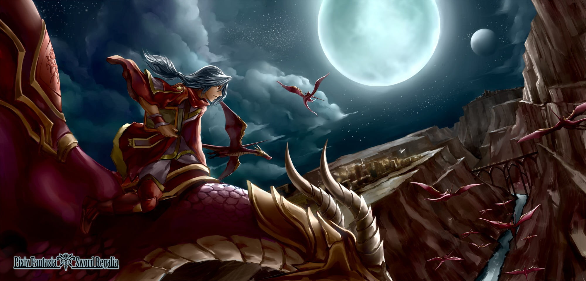 Fairytale wallpaper, Pixiv Fantasia, dragon, Wyvern, moon, night
