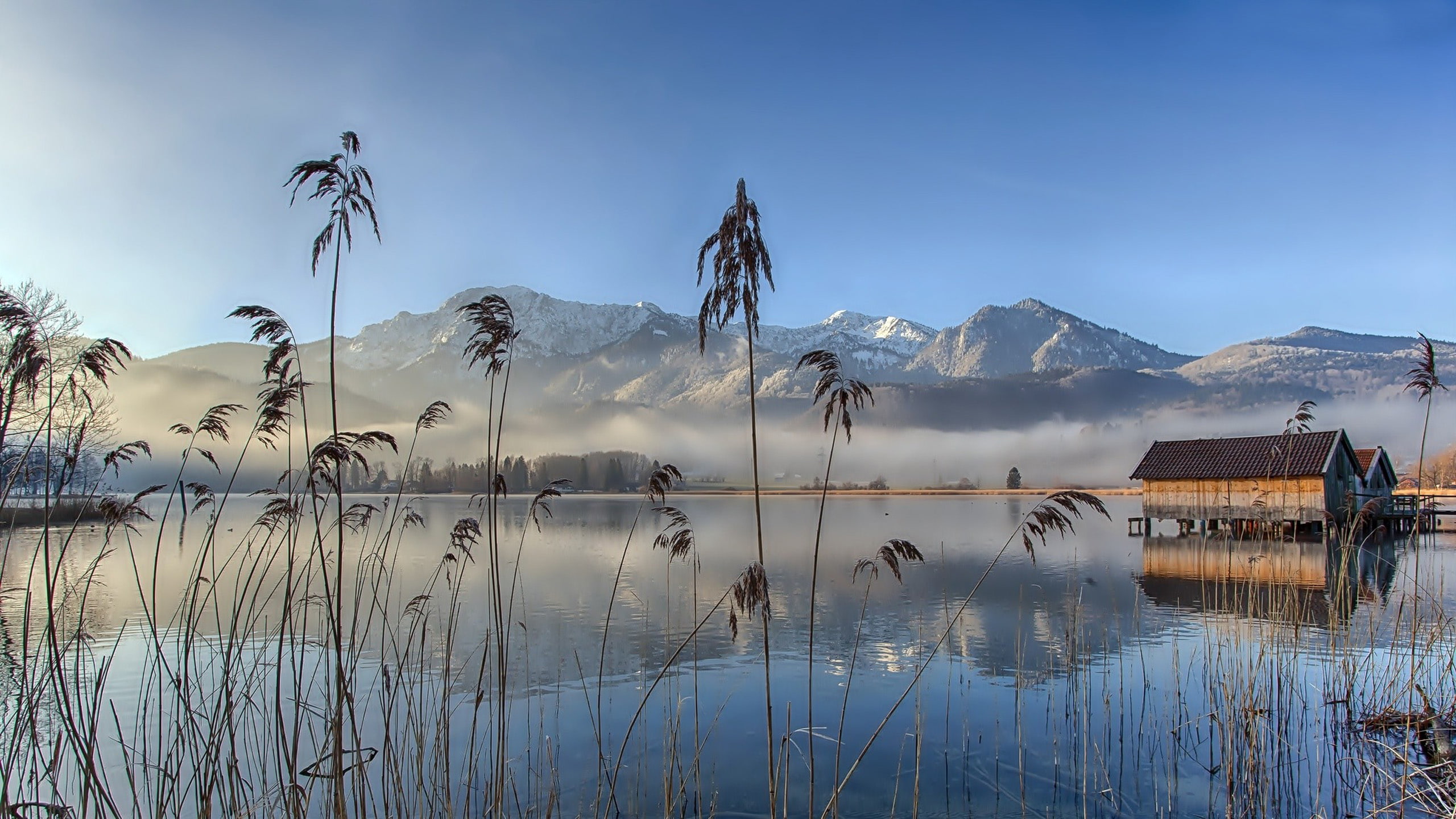 Lake Cane Reeds Wooden Fishing Houses Fog Evaporation Snowy Mountains Hd Desktop Wallpaper 2560×1440