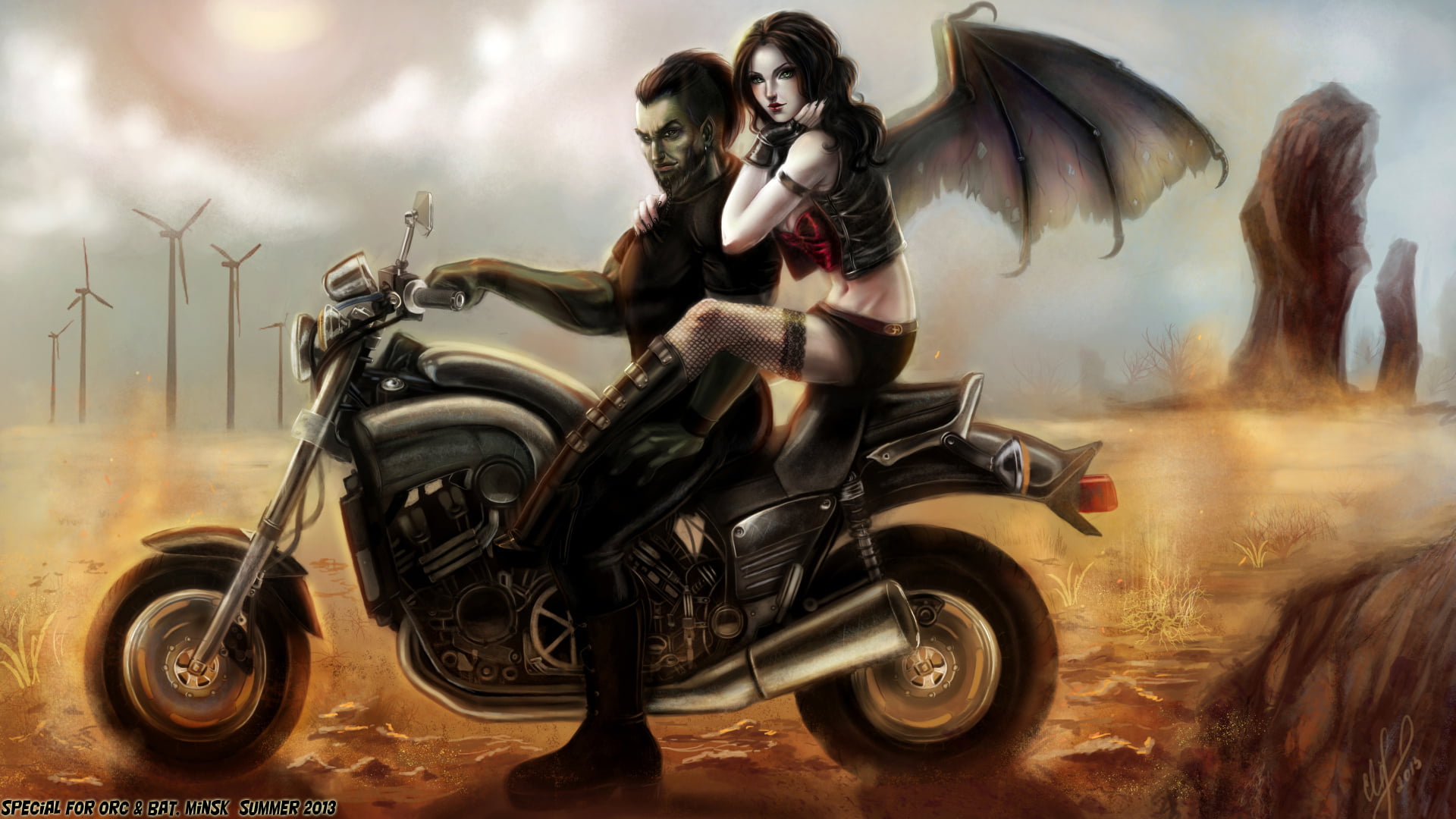 man and woman riding motorcycle painting, girl, desert, wings