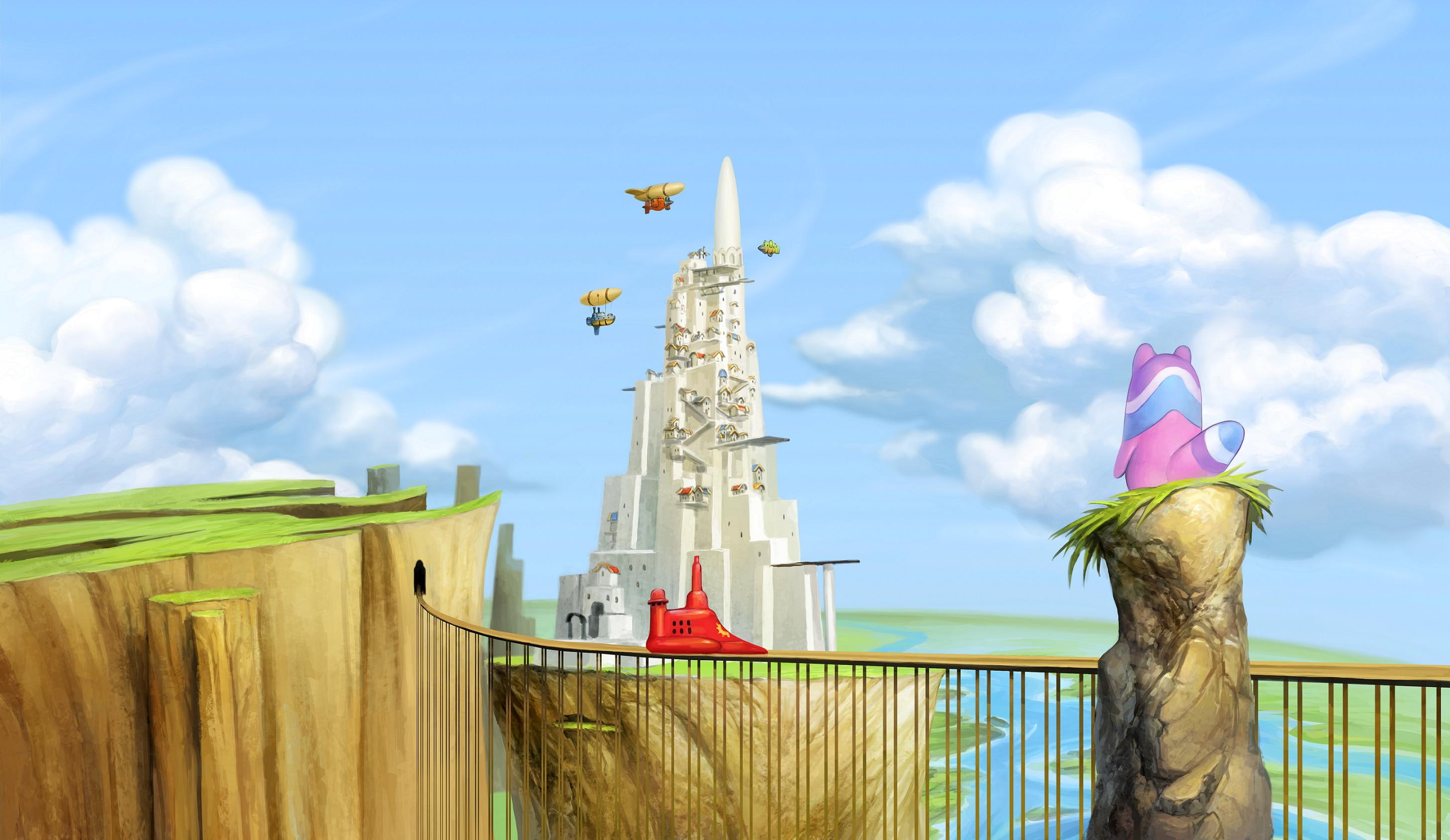 Spineworld, Fantasy Art, Sky, Landscape, Clouds, Tower, Airships, white concrete building and bride illustration