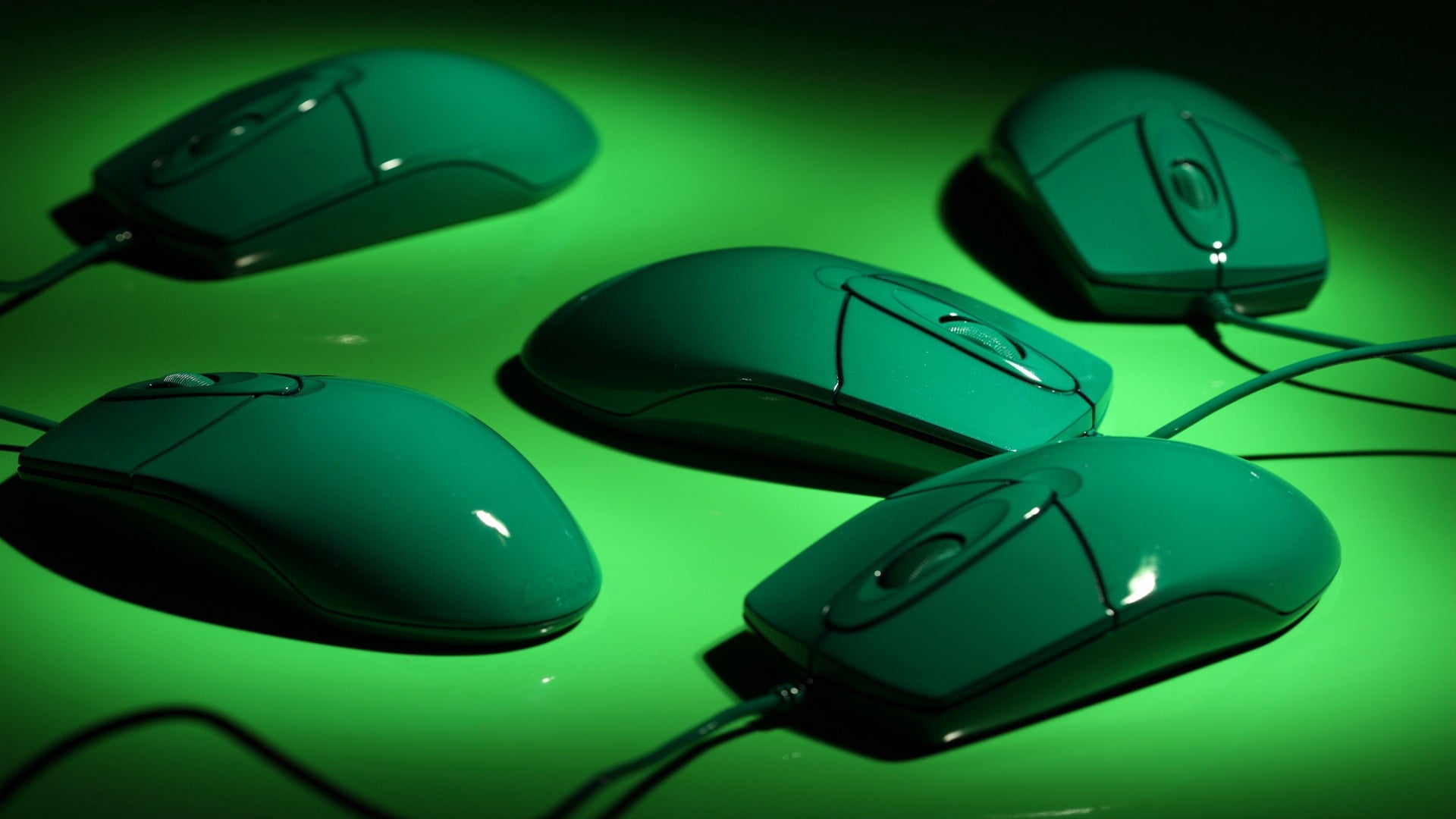 five gray corded optical mouses, computer mice, green, wire, shade