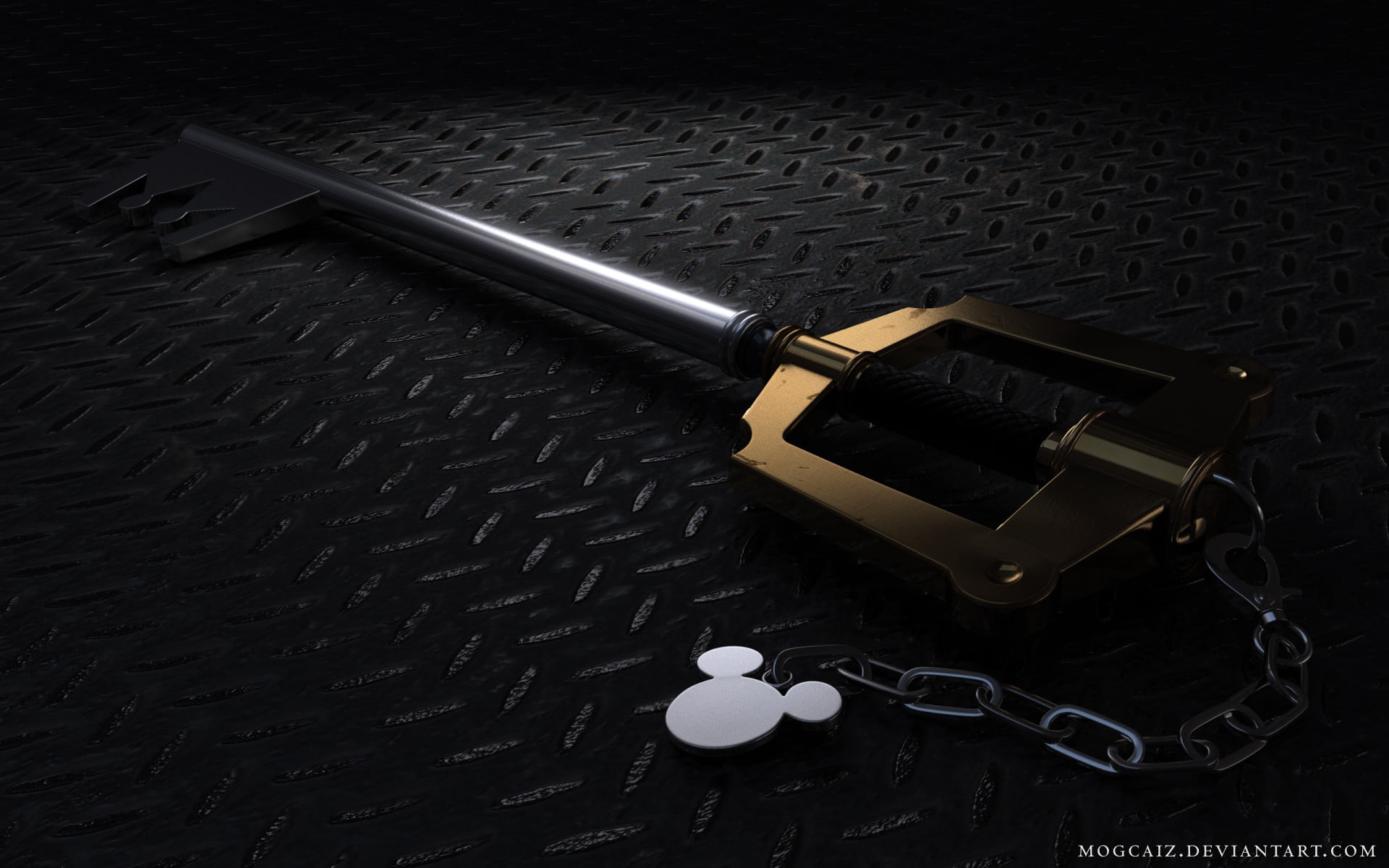 gray and brass-colored skeleton key, Kingdom Hearts, still life