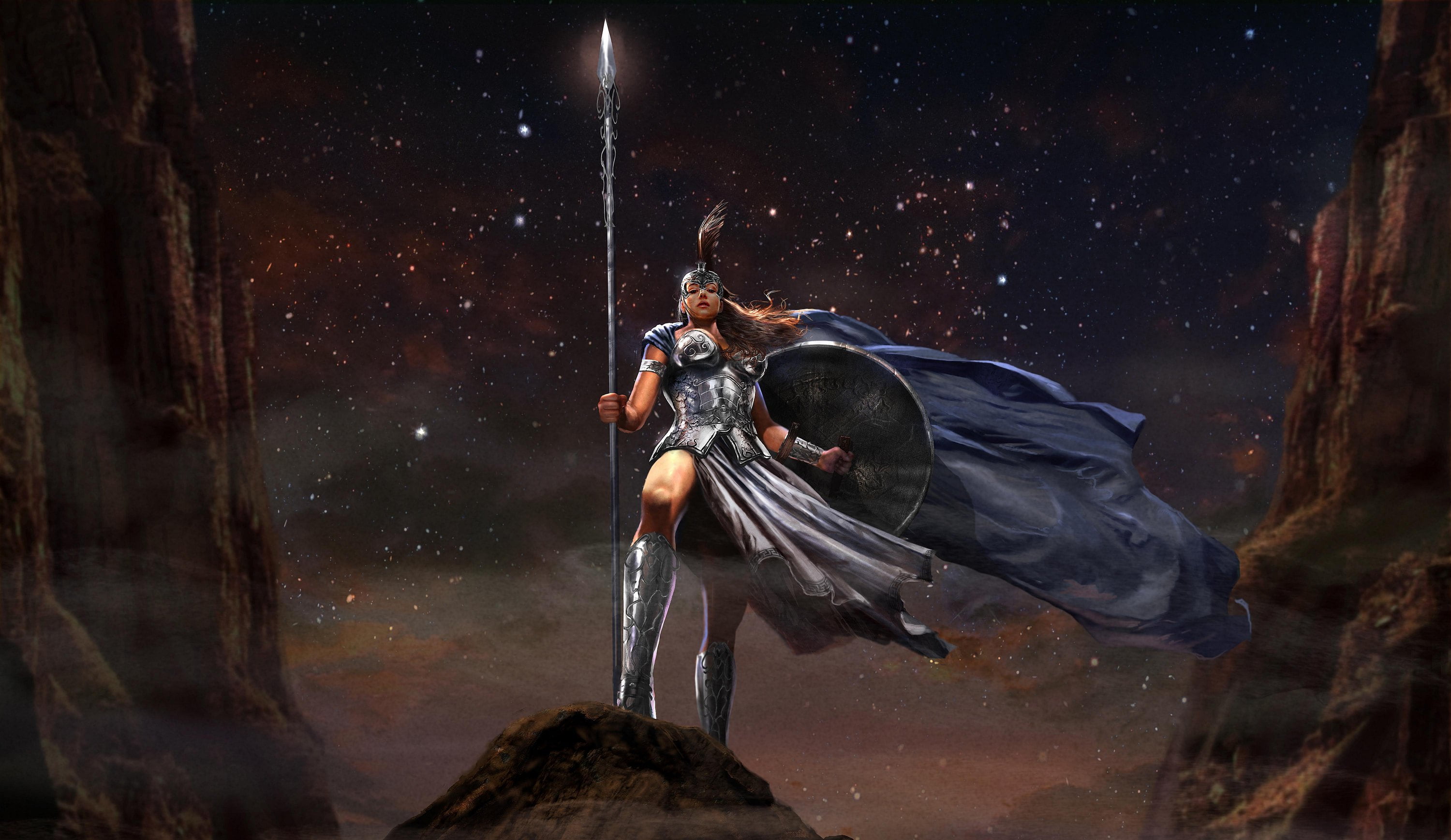 Athena Myth god of war, the sky, mountains, night, weapons, stars