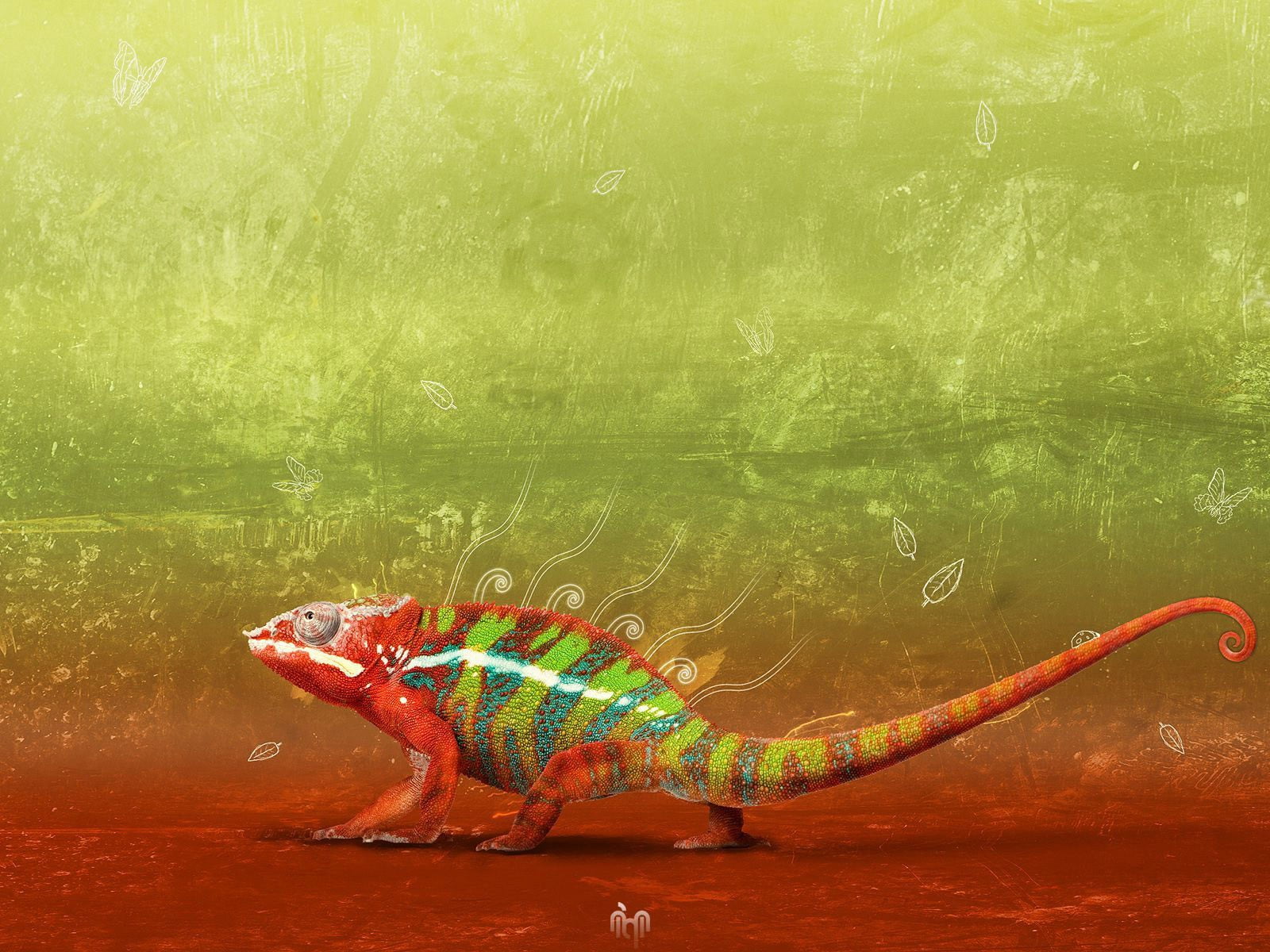 green and orange chameleon painting, nature, animals, reptiles