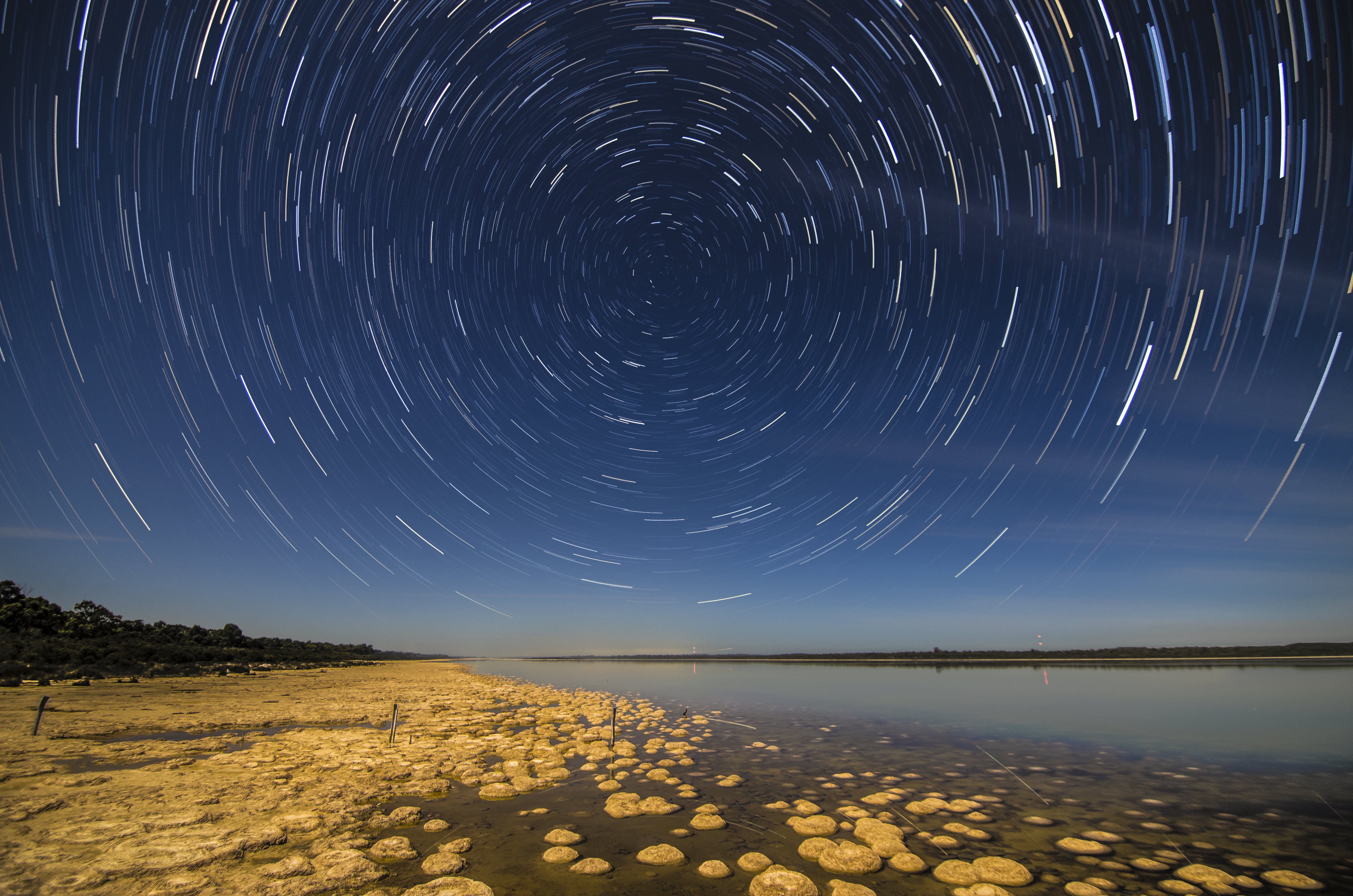 timelapse photo of star over calm body of water, lake clifton, lake clifton