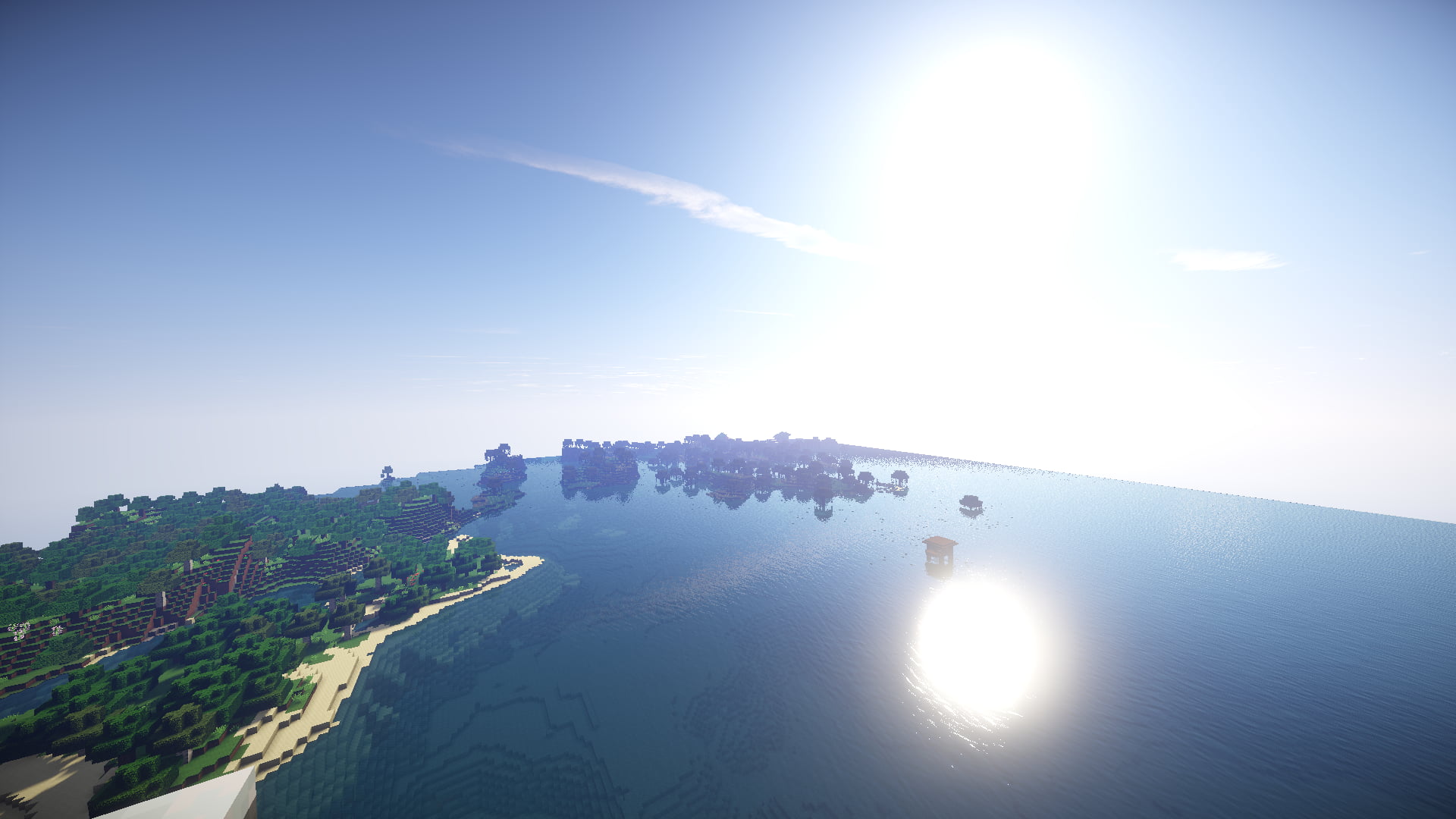 aerial view of beach, Minecraft, lava, water, Sun, sea, mountains