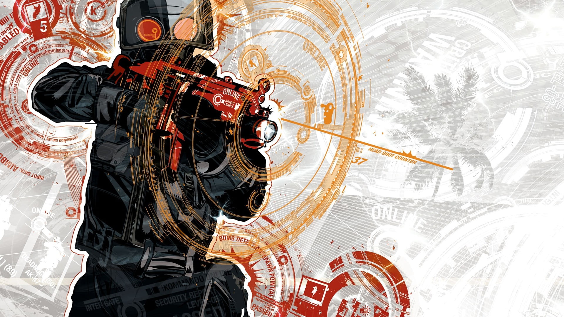person holding gun and wearing gas mask illustration, video games