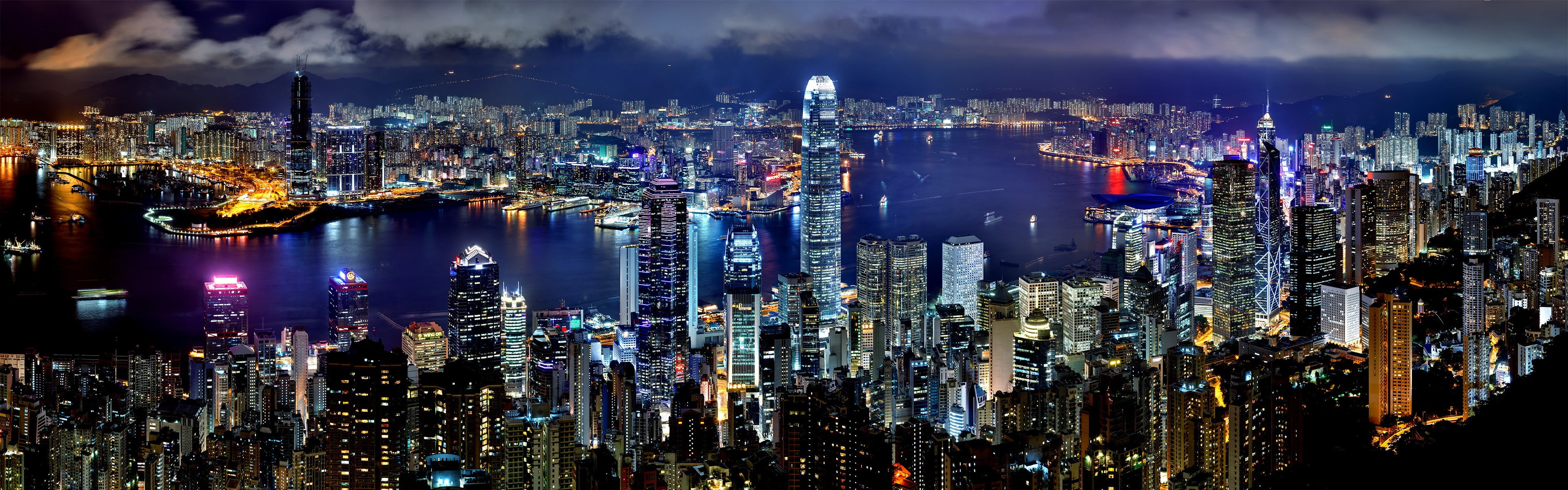 city establishments, Hong Kong, night, harbor, skyscraper, building