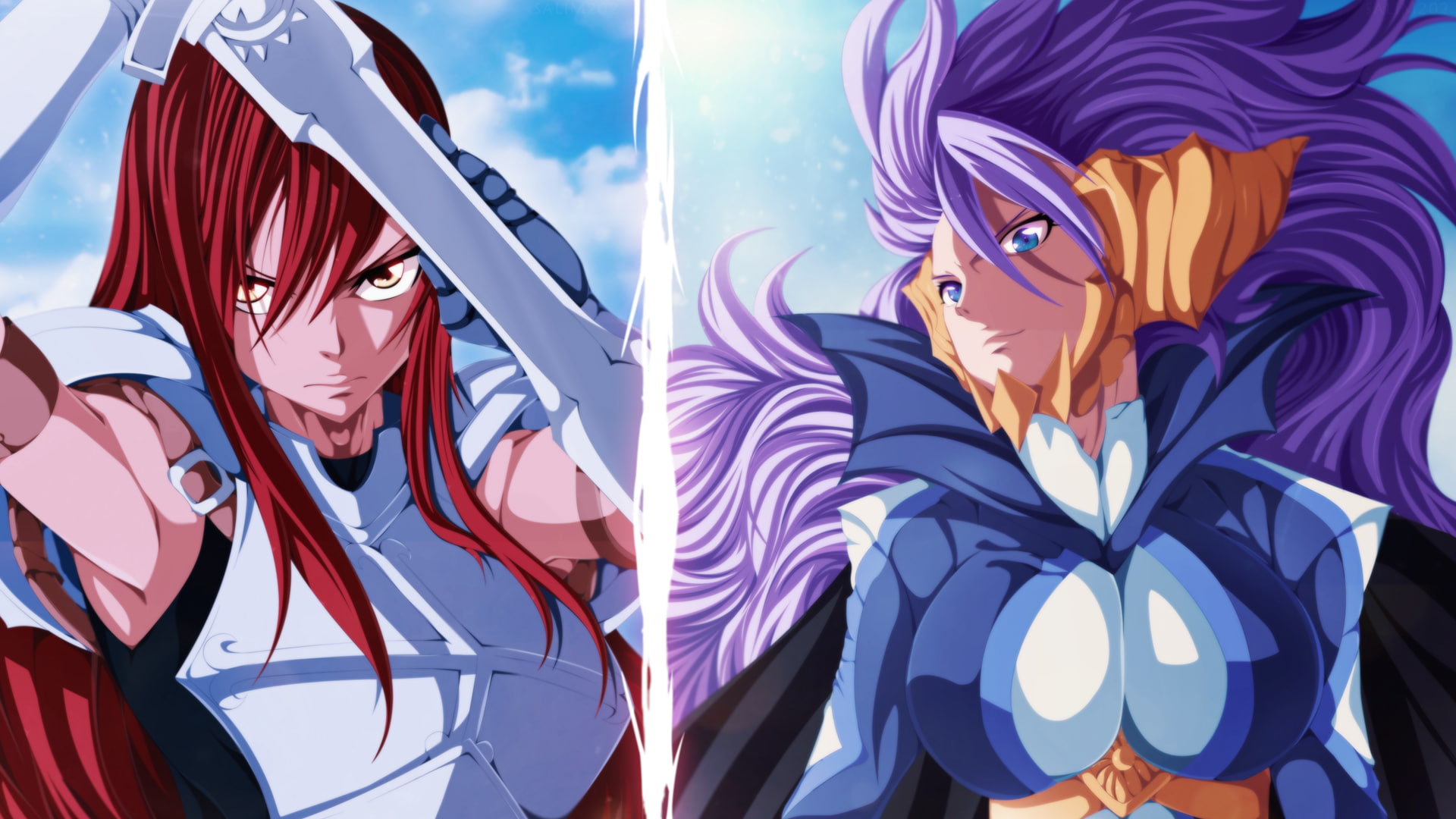 purple and maroon haired anime characters collage, art, fairy tail