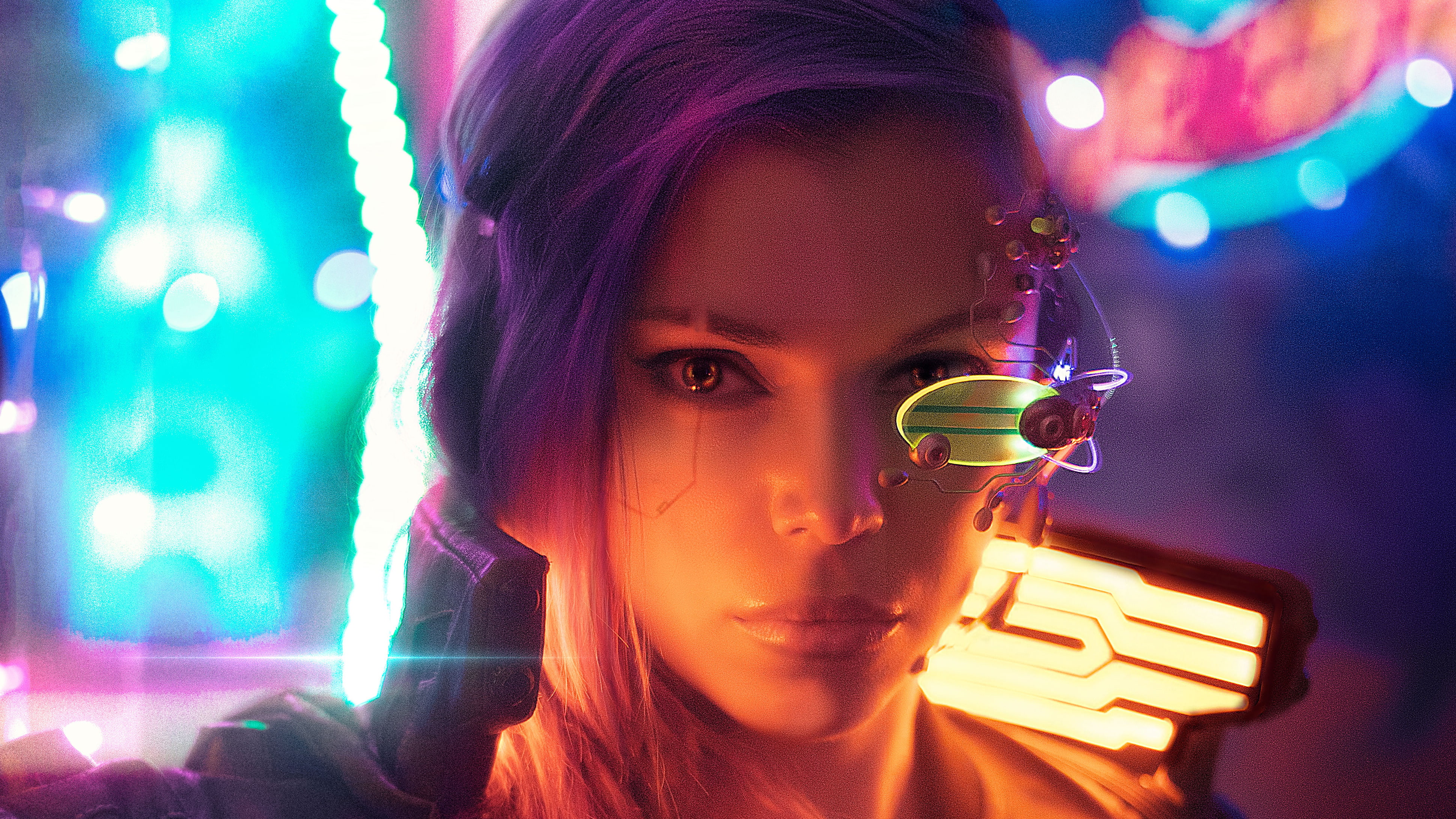 Sci Fi, Cyberpunk, Face, Girl, Purple Hair, Woman