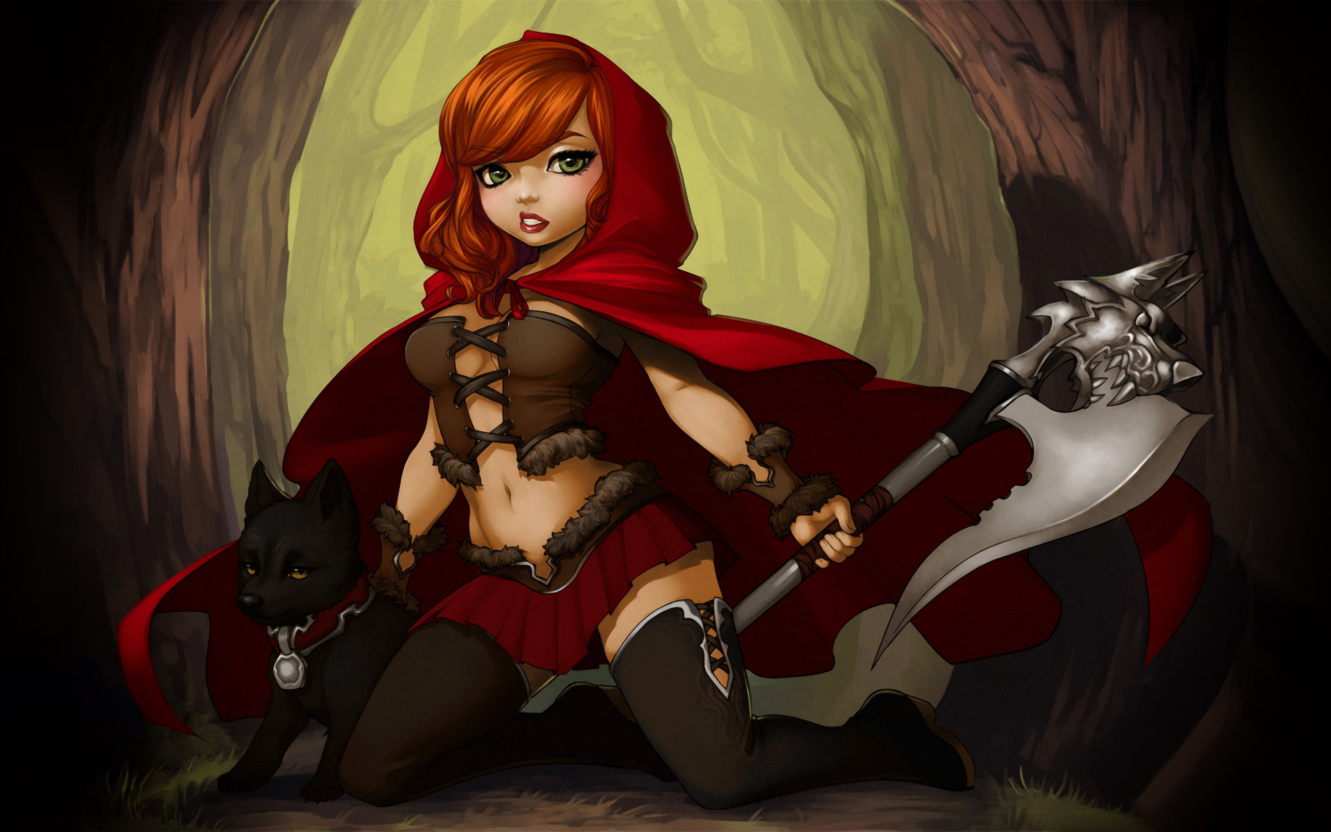 Little Red Riding Hood Corset Drawing Wolf Axe Redhead Skirt HD