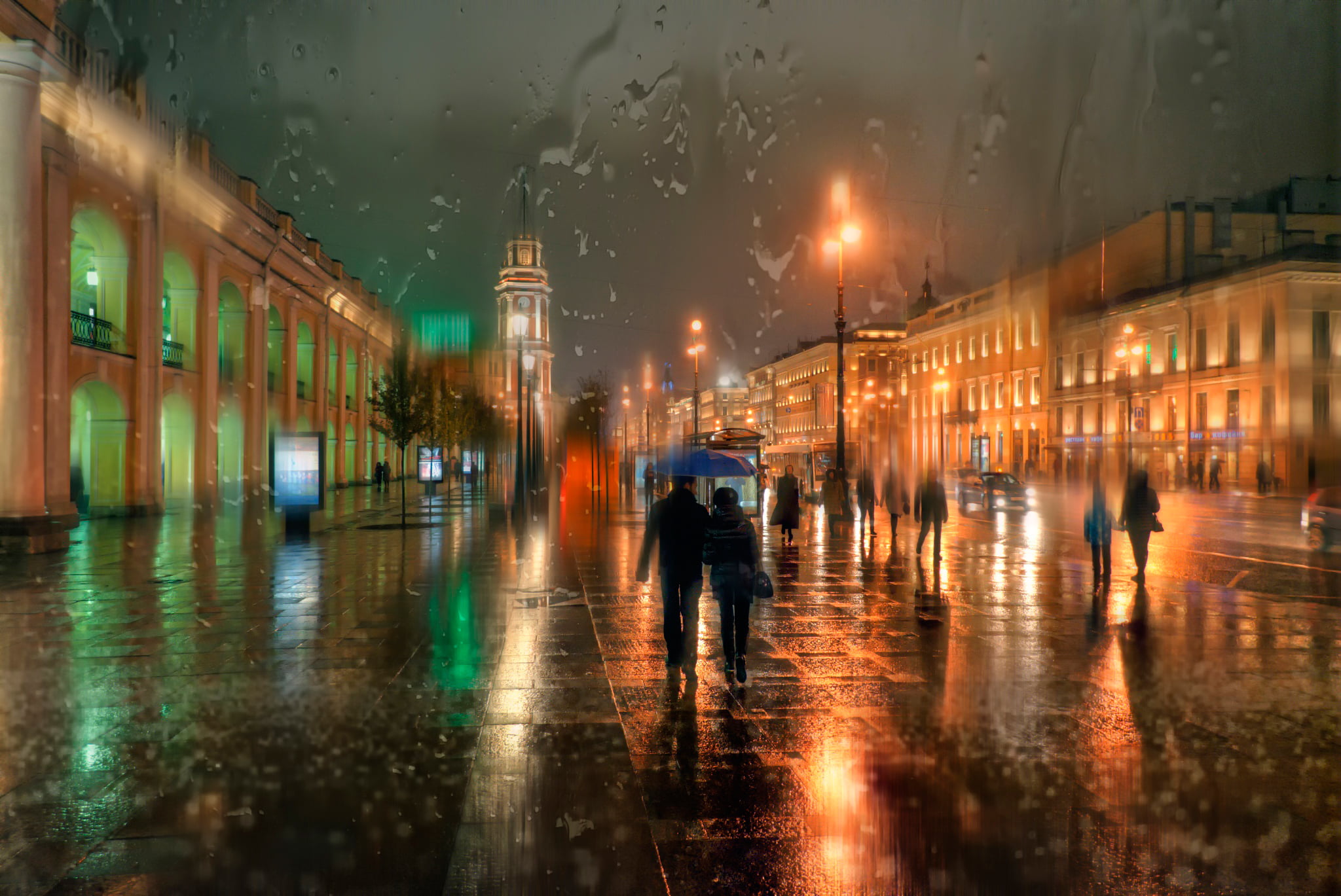 blue umbrella, autumn, rain, Saint Petersburg, Nevsky Prospekt