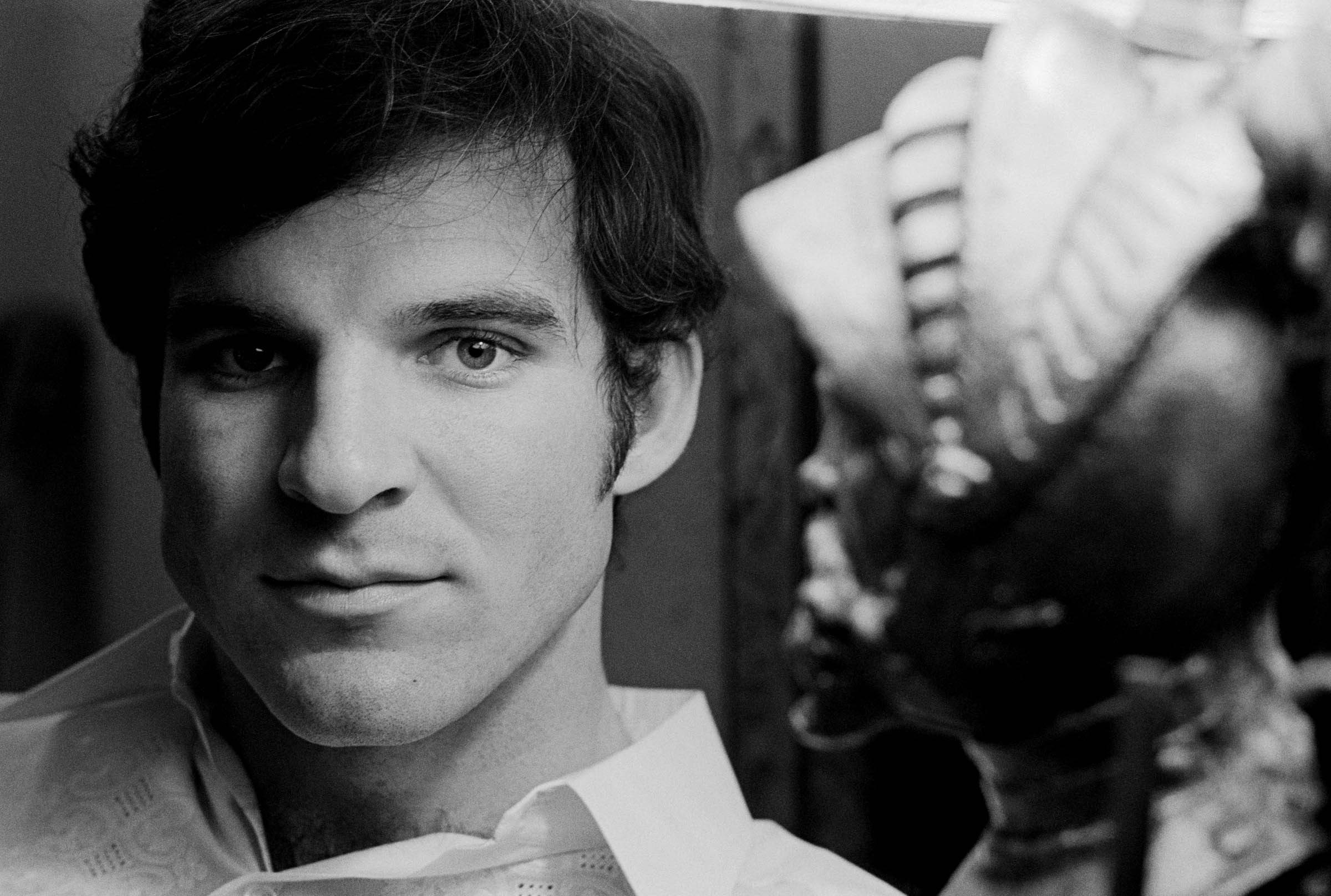 Steve martin, Gray-haired, Face, Youth, Black white, View, portrait