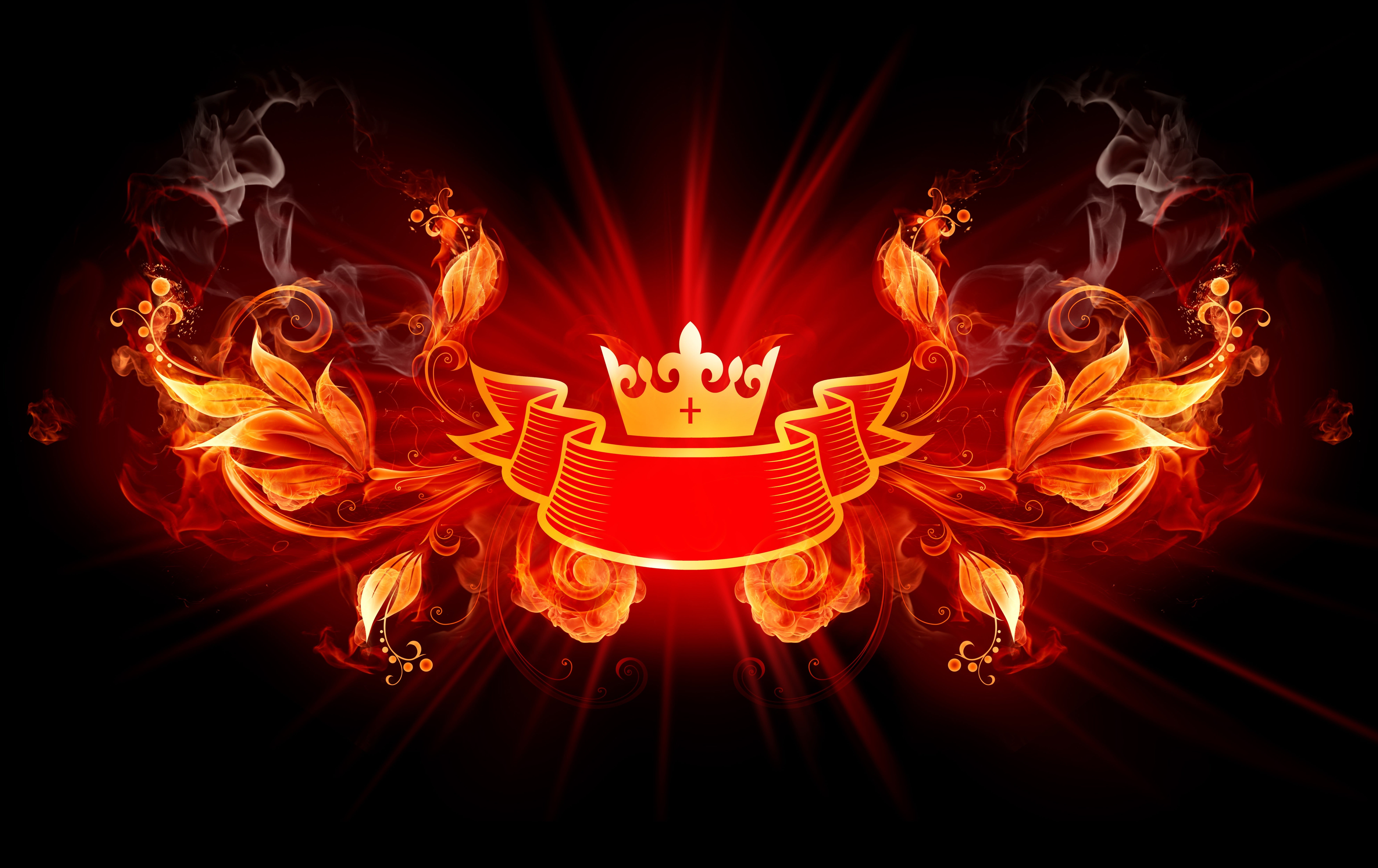 orange floral ribbon illustration, digital art, fire, crown, burning