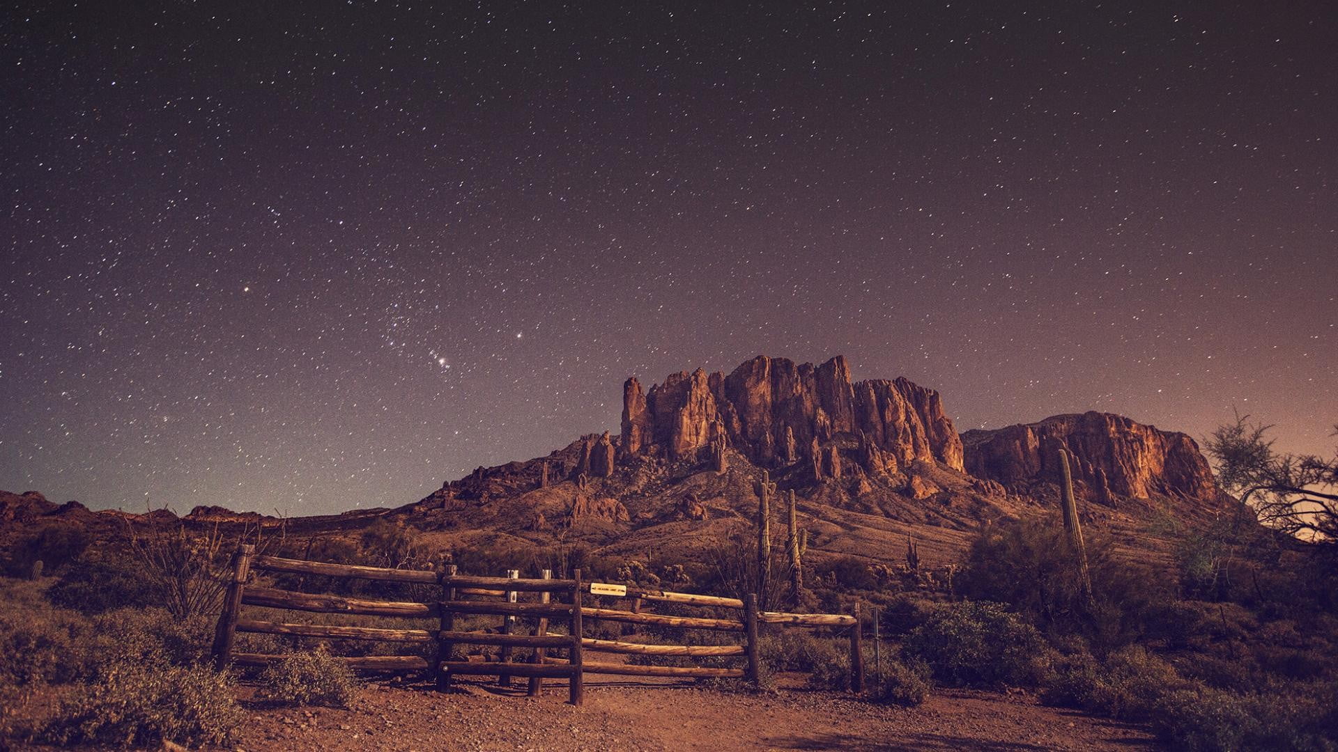 brown hill, desert, night, stars, rock, landscape, star - space