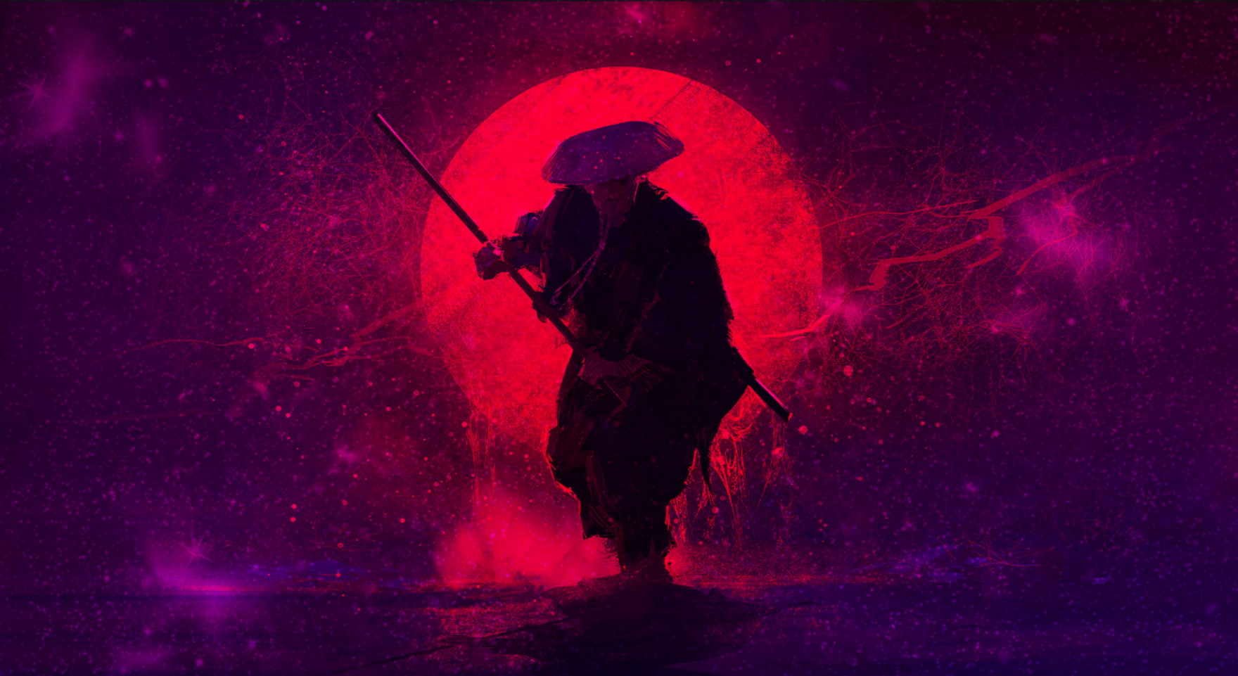 Bloody sun, Purple sun, samurai, space, sunset