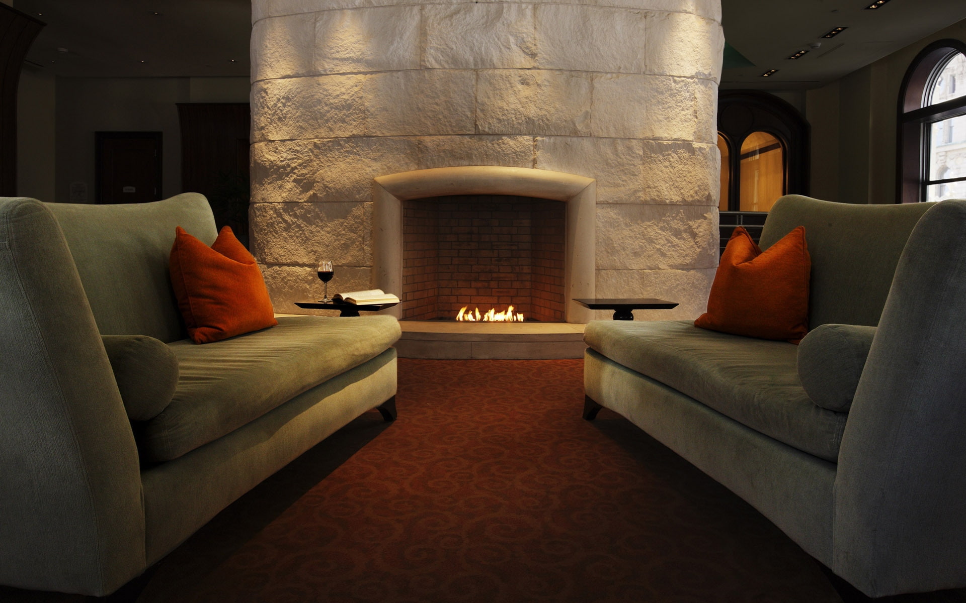 Warm Interior, sofa, fireplace, living, home, design, house, room