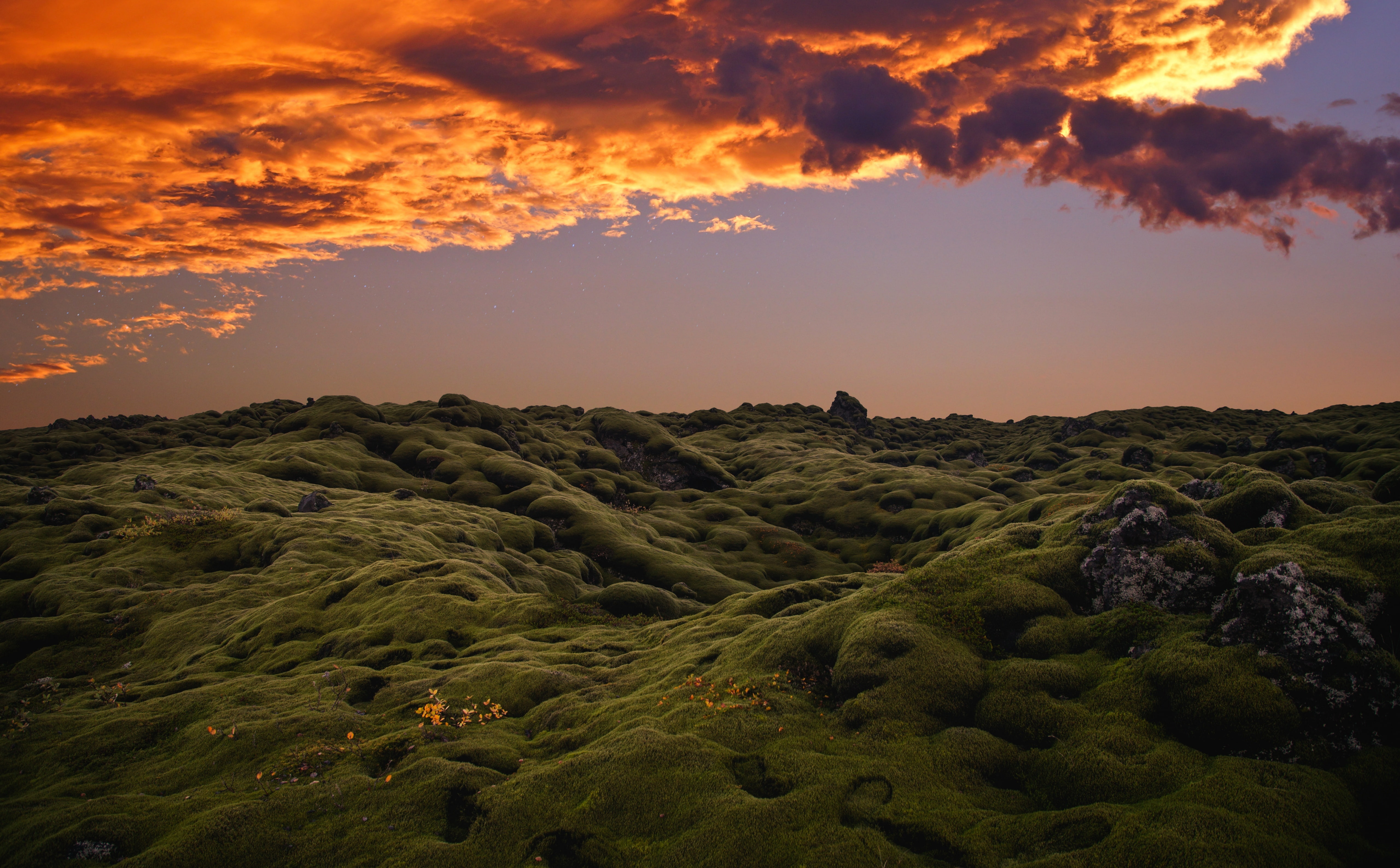 Lava Fields, Iceland, Europe, Orange, Sunset, Photoshop, Stars