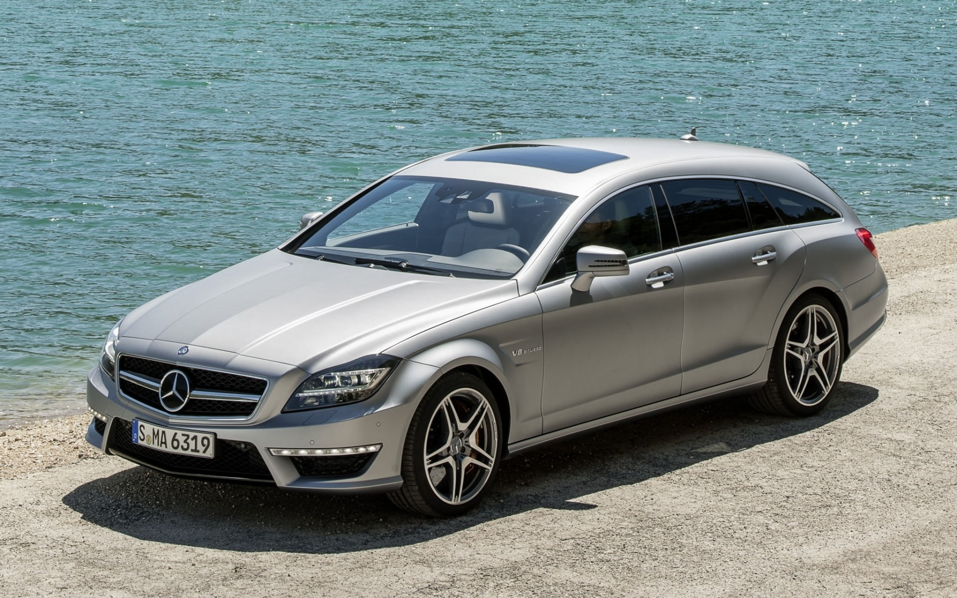 silver Mercedes-Benz car, water, shore, CLS, AMG, the front, universal