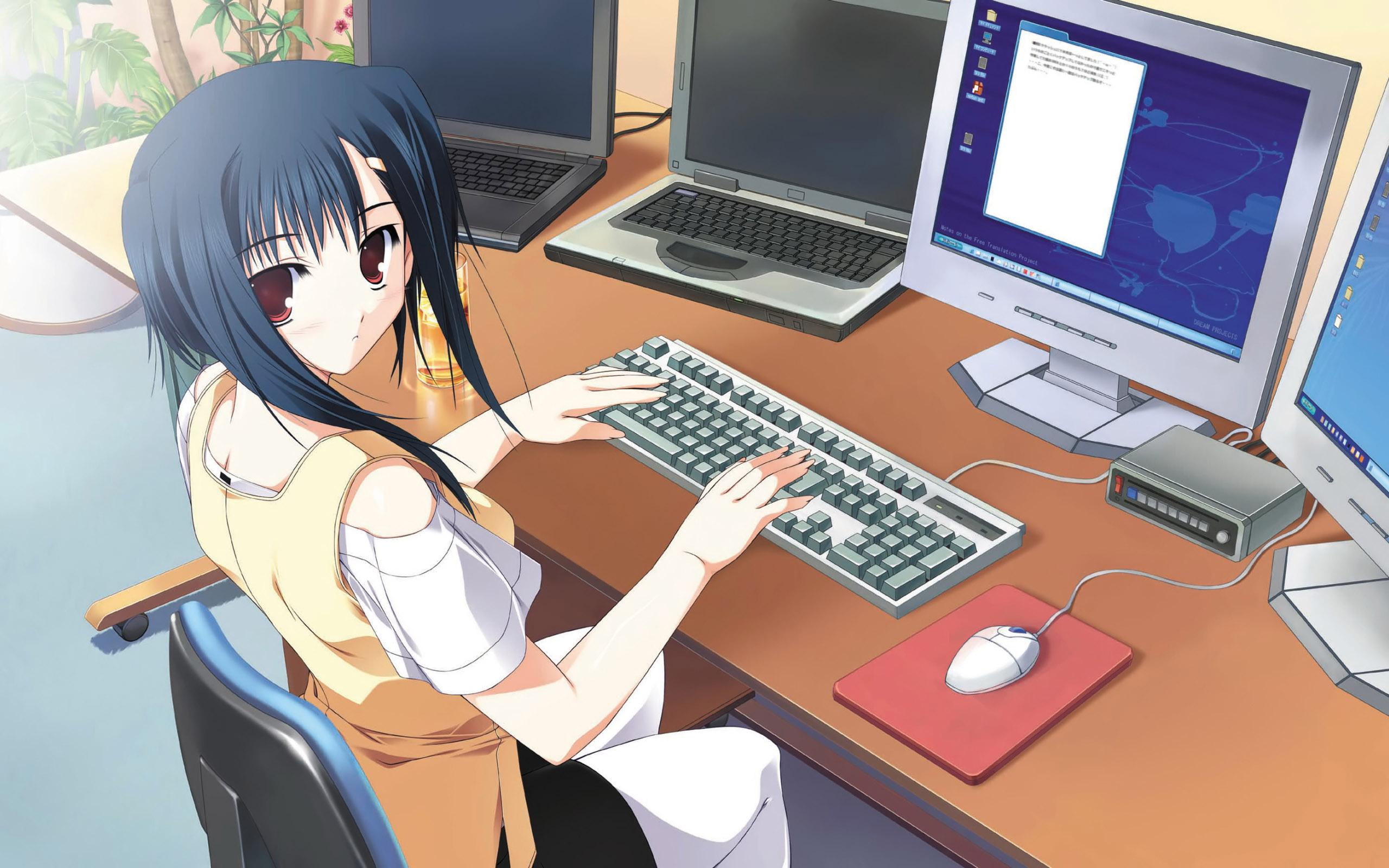 Girl working on a computer, female anime character holding on computer keyboard