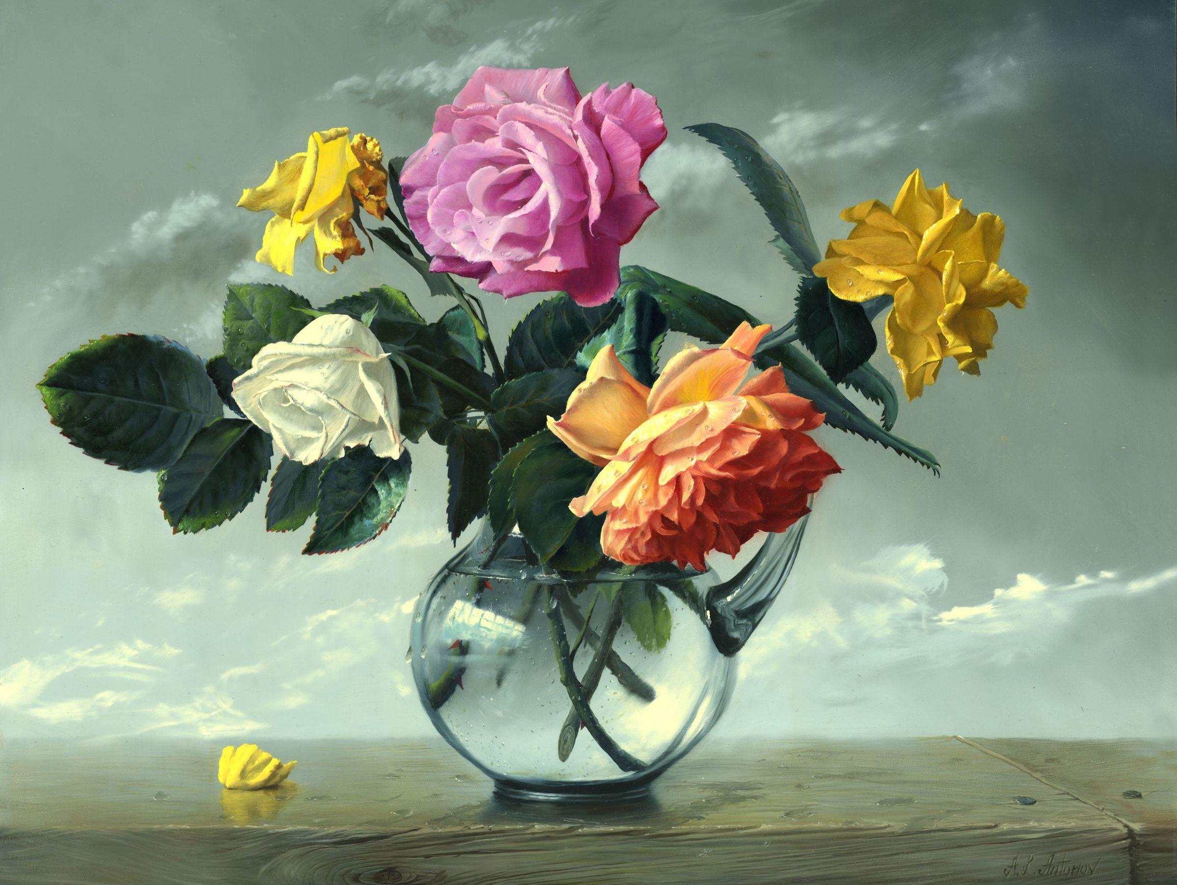 Flower Artwork, bouquet, petal, vase, nature, rose, painting